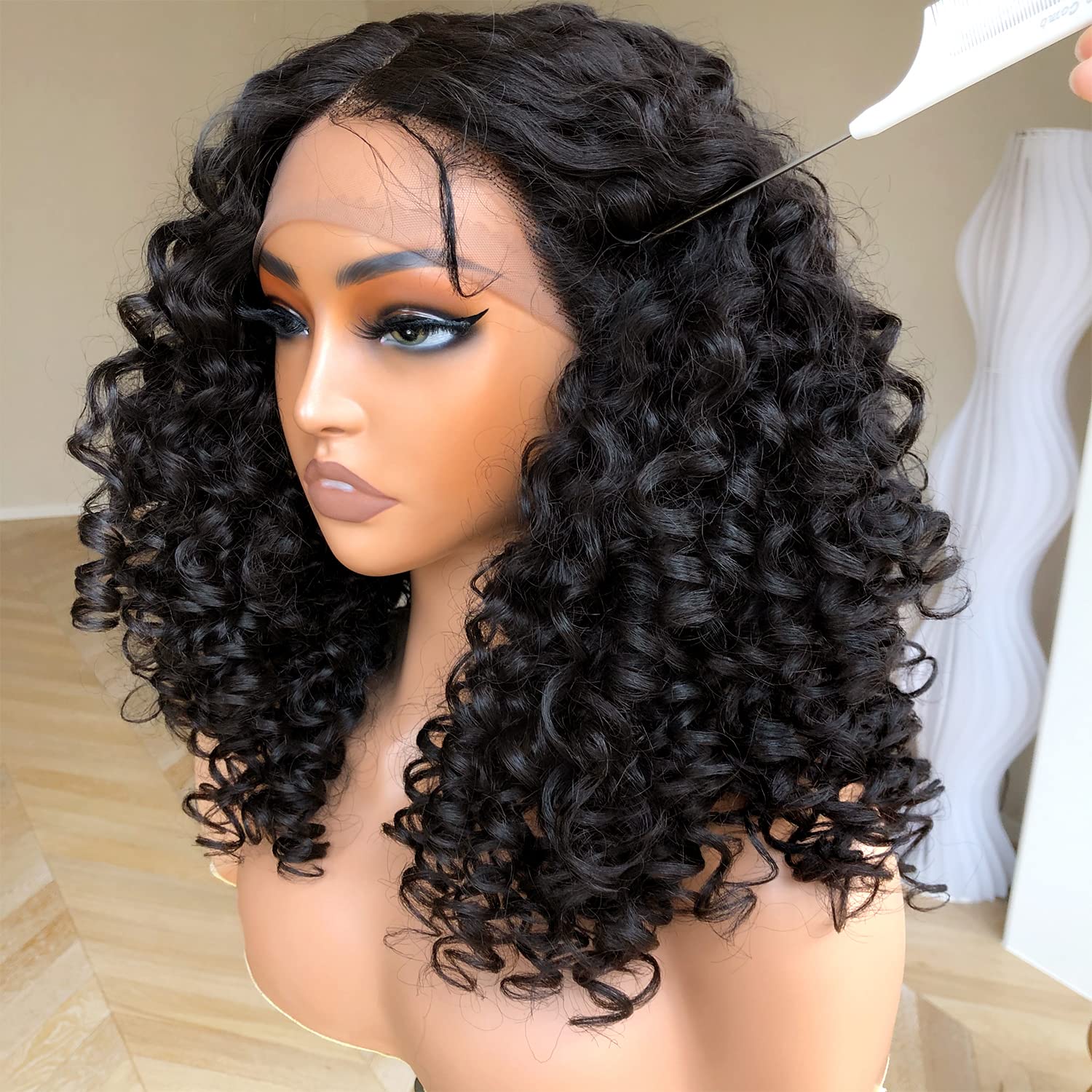 BlackSwern Pelucas rizadas con encaje frontal prearrancadas, pelucas de encaje frontal, pelucas de cabello rizado sintético con encaje frontal,