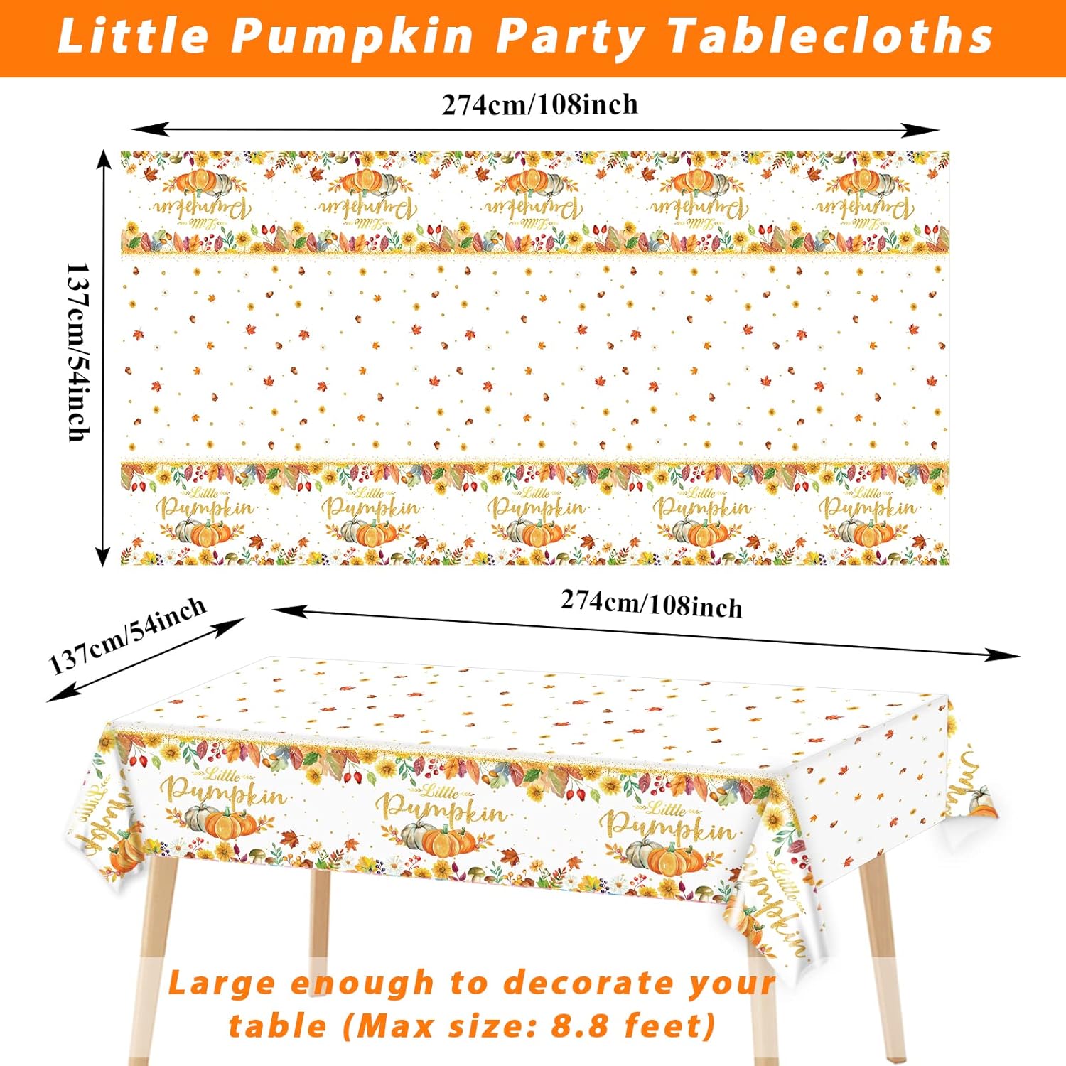 Paquete de 3 manteles de calabaza pequeña con temática de otoño, decoraciones de fiesta de baby shower para niños y niñas, suministros de fiesta de