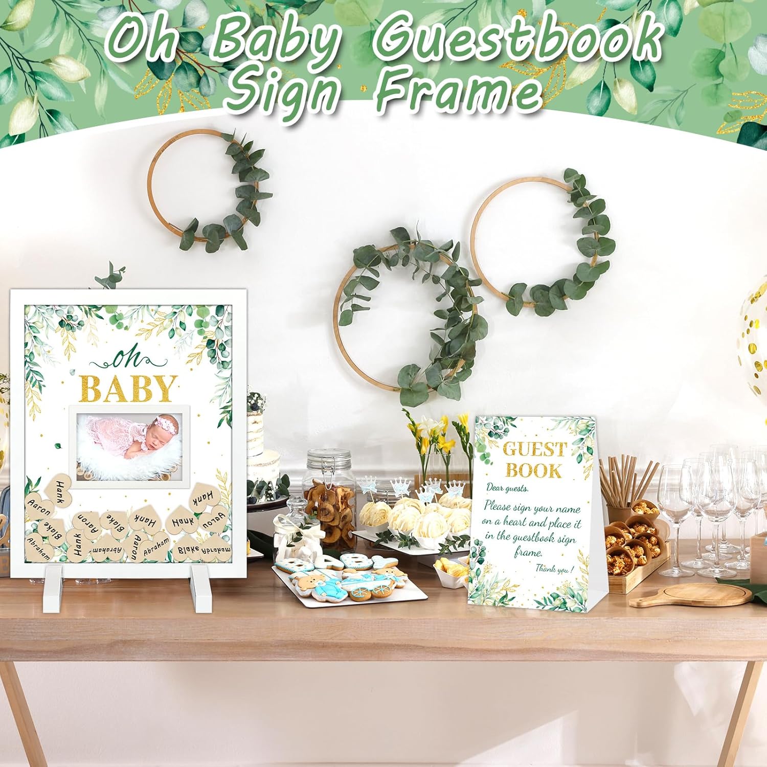 66 piezas Greenery Baby Shower Libro de Invitadas Alternativo de Eucalipto Baby Shower Libro de Visitas Libro de Visitas Oh Baby Marco de 60 Piezas