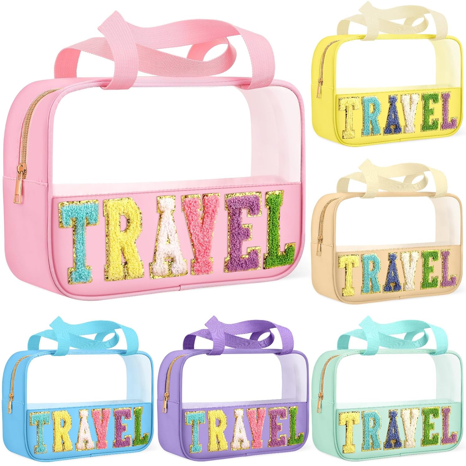 Kacctyen Juego de 6 bolsas de maquillaje de chenilla con letras transparentes, bolsa de cosméticos impermeable de PVC y nailon, organizador de