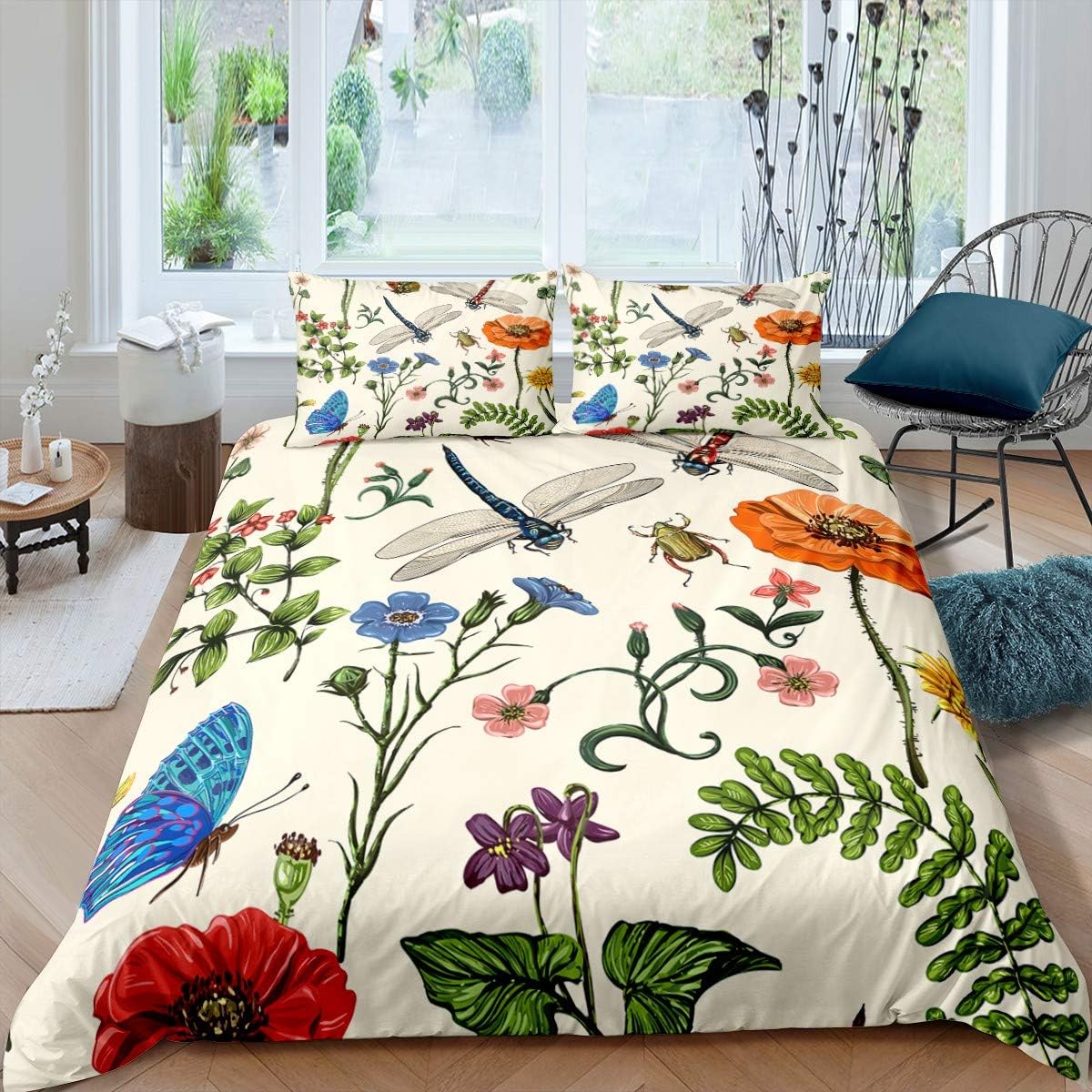 Juego de funda de edredón con temática de naturaleza para niños, niñas, adolescentes, mariposa, libélula y hojas, estampado floral, funda de edredón