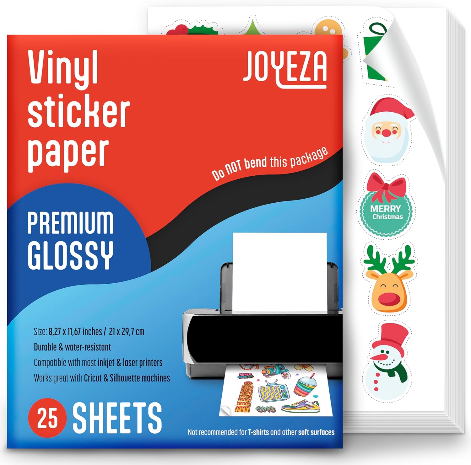 JOYEZA Papel adhesivo de vinilo imprimible de alta calidad para impresora de inyección de tinta, 25 hojas brillantes + 25 hojas translúcidas, blanco