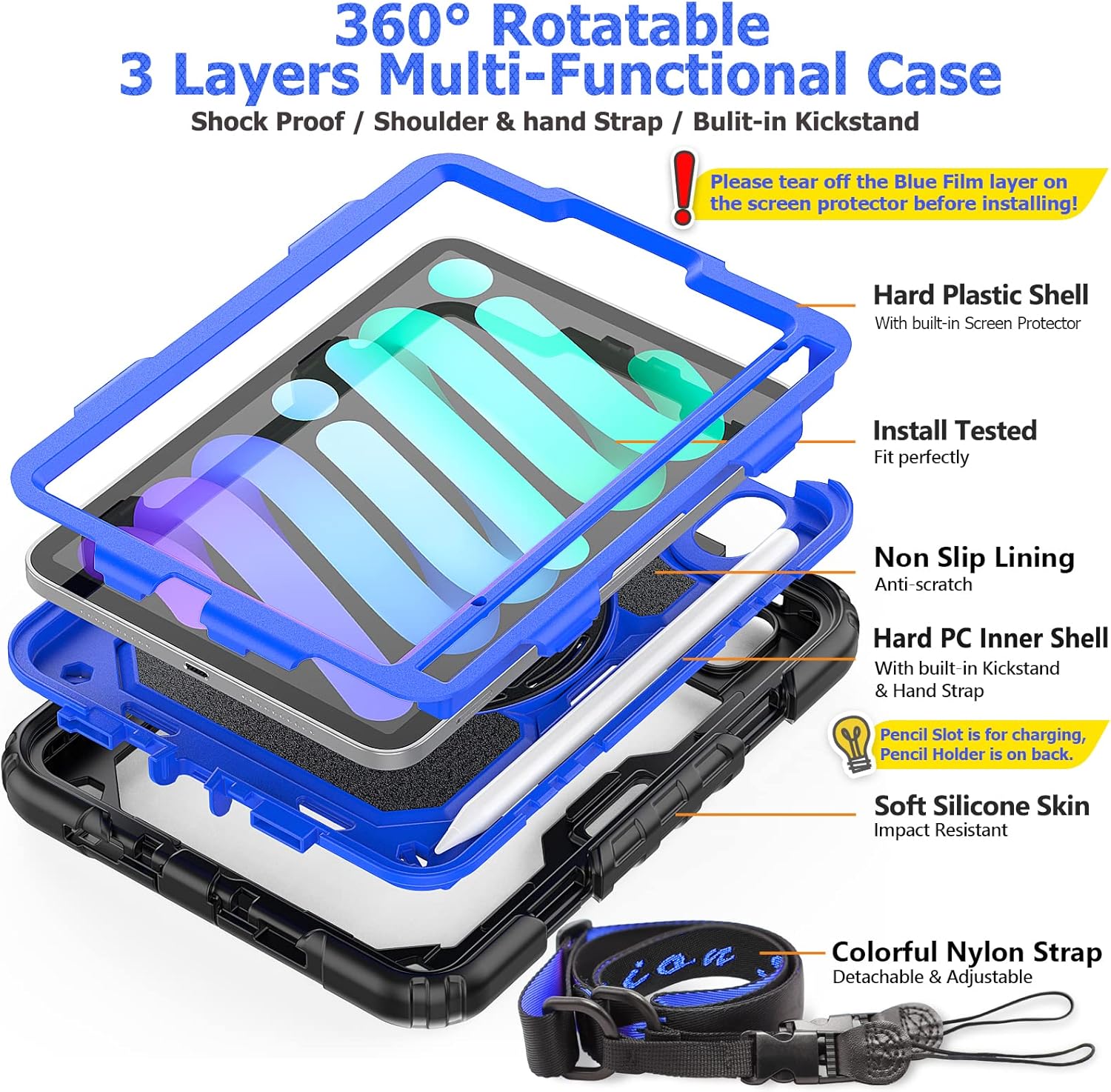 SEYMAC stock Funda para iPad Mini 6 de 8.3 pulgadas 2021 con protector de pantalla para lápiz correa de mano giratoria 360 y soporte, funda a prueba