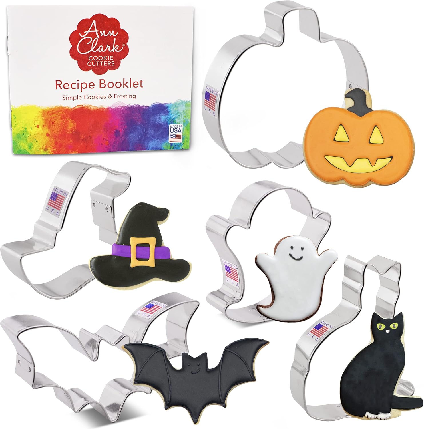Conjunto de 5 piezas de cortadores para galletas con diseños de Halloween – calabaza, murciélago, fantasma, sombrero de bruja y gato. Ann Clark –