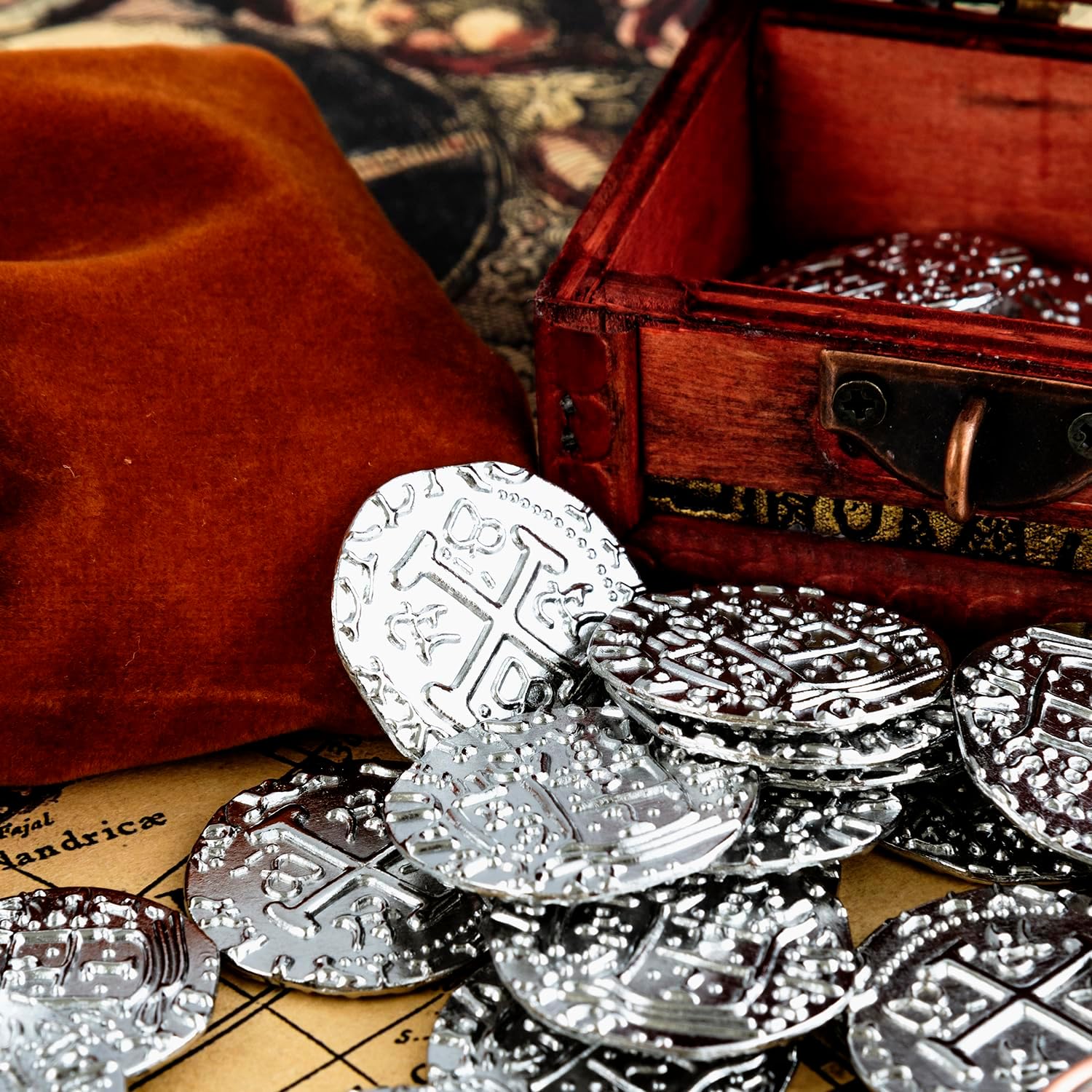 35 monedas de pirata de metal, juego de monedas del tesoro plateado, réplica de metal español para fichas de juegos de mesa, moneda de cofre del