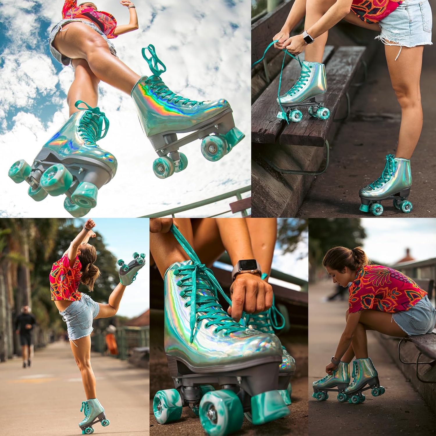 Patines holográficos para mujer, patines brillantes de doble fila, cuatro ruedas, cuatro ruedas, patines para niñas para exteriores (verde)