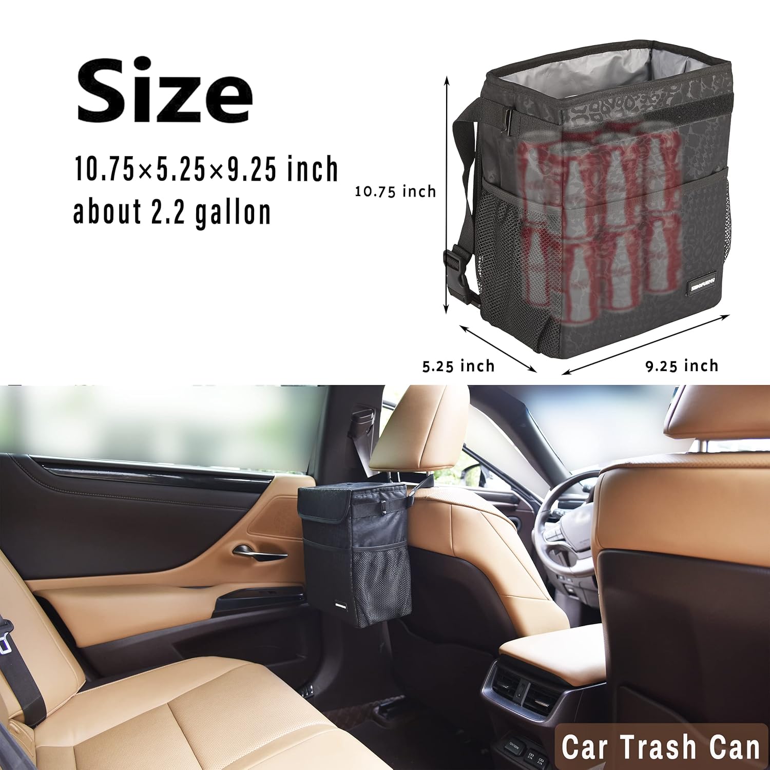 Bonito bote de basura para automóvil con tapa, a prueba de fugas, impermeable, bolsillos de almacenamiento de basura multiusos, organizador