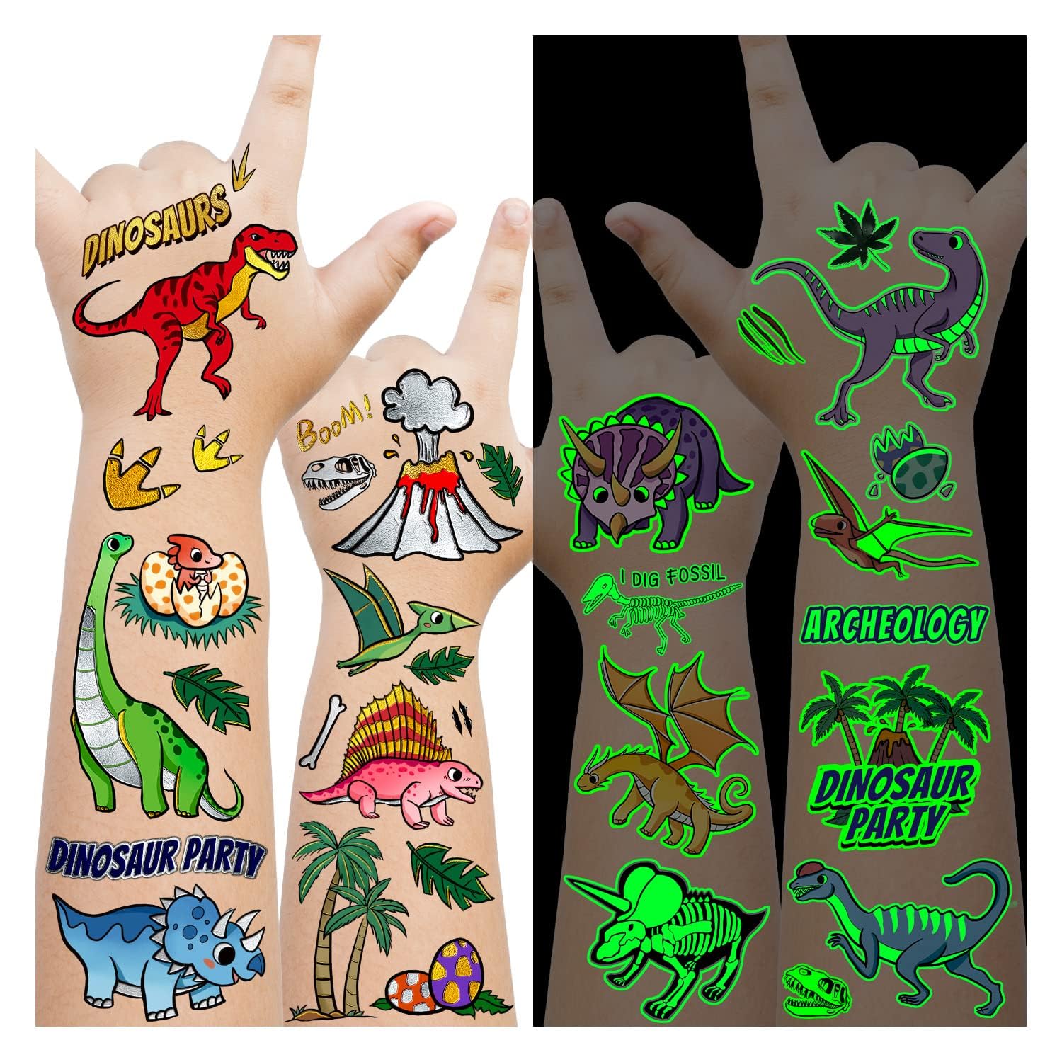 74 estilos de tatuajes temporales de dinosaurio para fiestas infantiles, decoraciones de fiesta de cumpleaños de dinosaurio para regalos de niños,