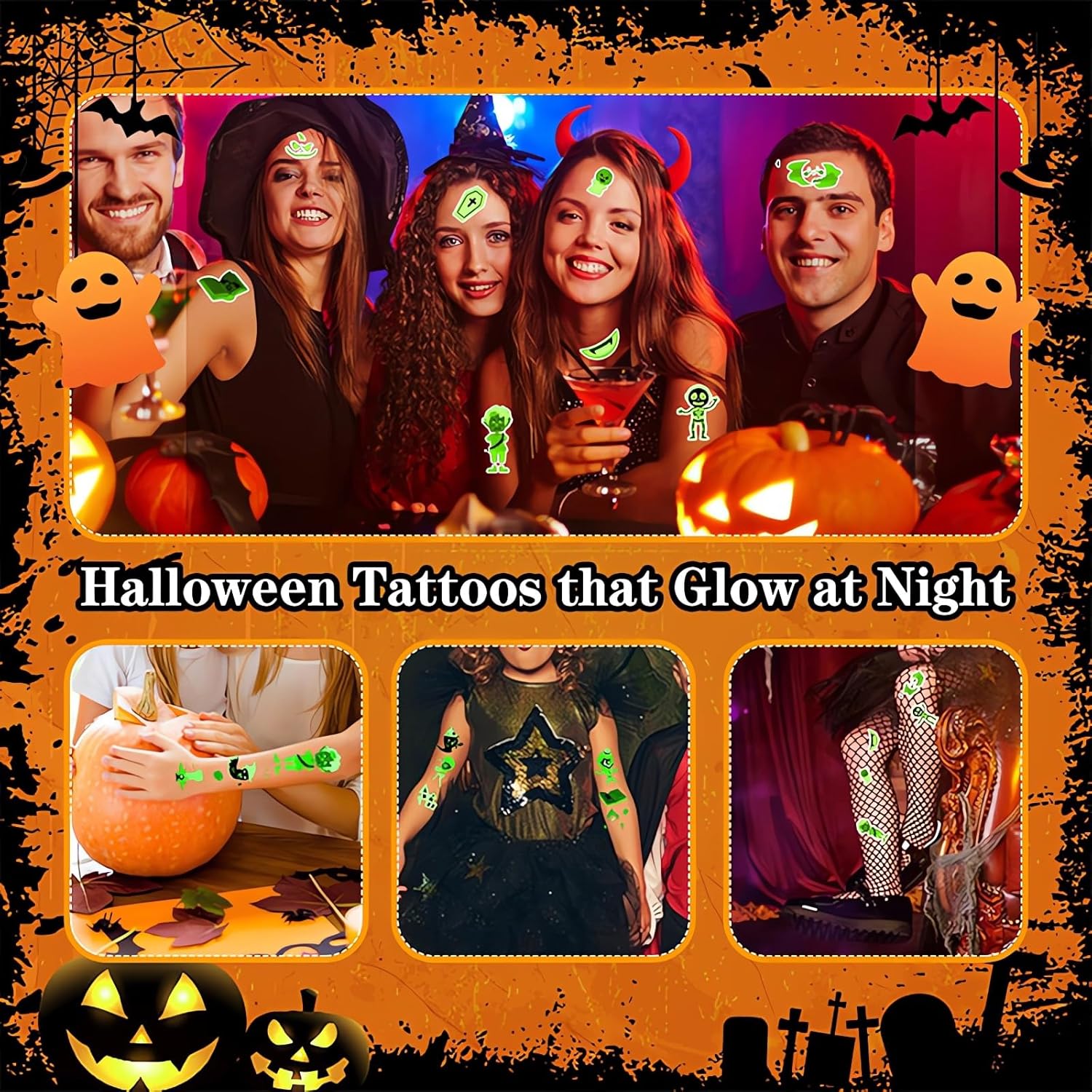 Tatuajes temporales para niños, decoraciones de Halloween brillantes, suministros de recuerdos de fiesta de cumpleaños, tatuajes falsos de