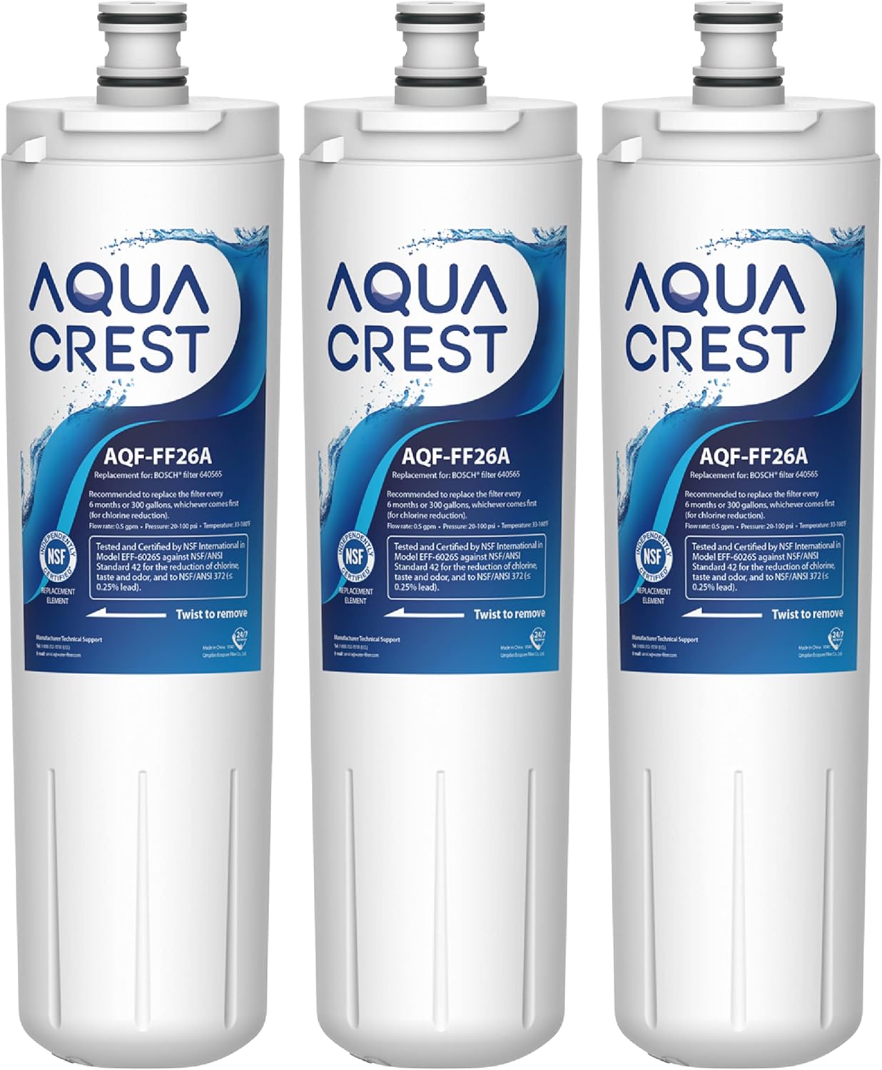 AQUA CREST Filtro de agua de repuesto para refrigerador 640565, compatible con Bosch 640565, EVOLFLTR10 AP3961137, 3M Cuno CS-52, Whirlpool