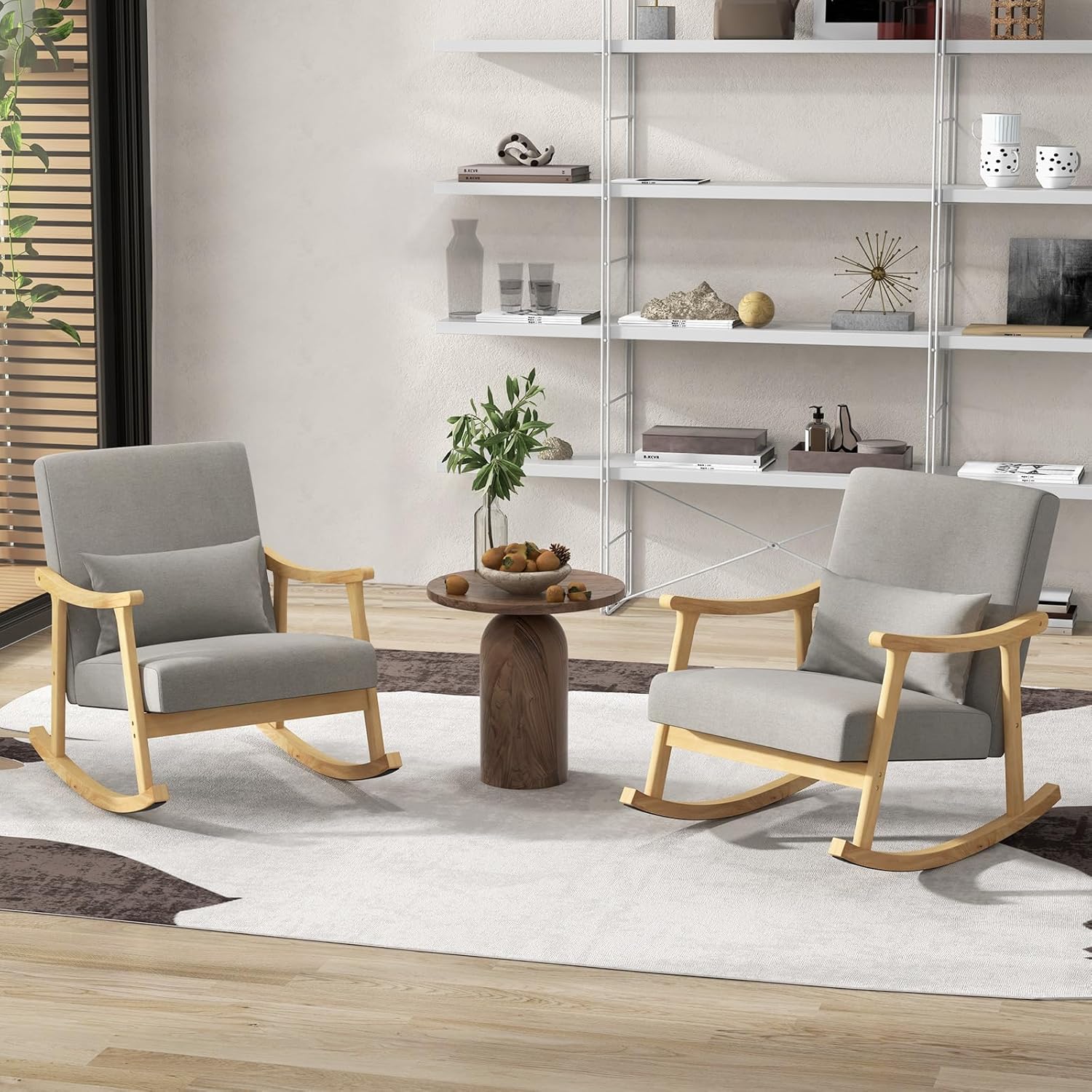 Giantex Mecedora para guardería, silla de interior con reposabrazos de madera de goma, respaldo ancho y cojín de asiento acolchado, almohada lumbar