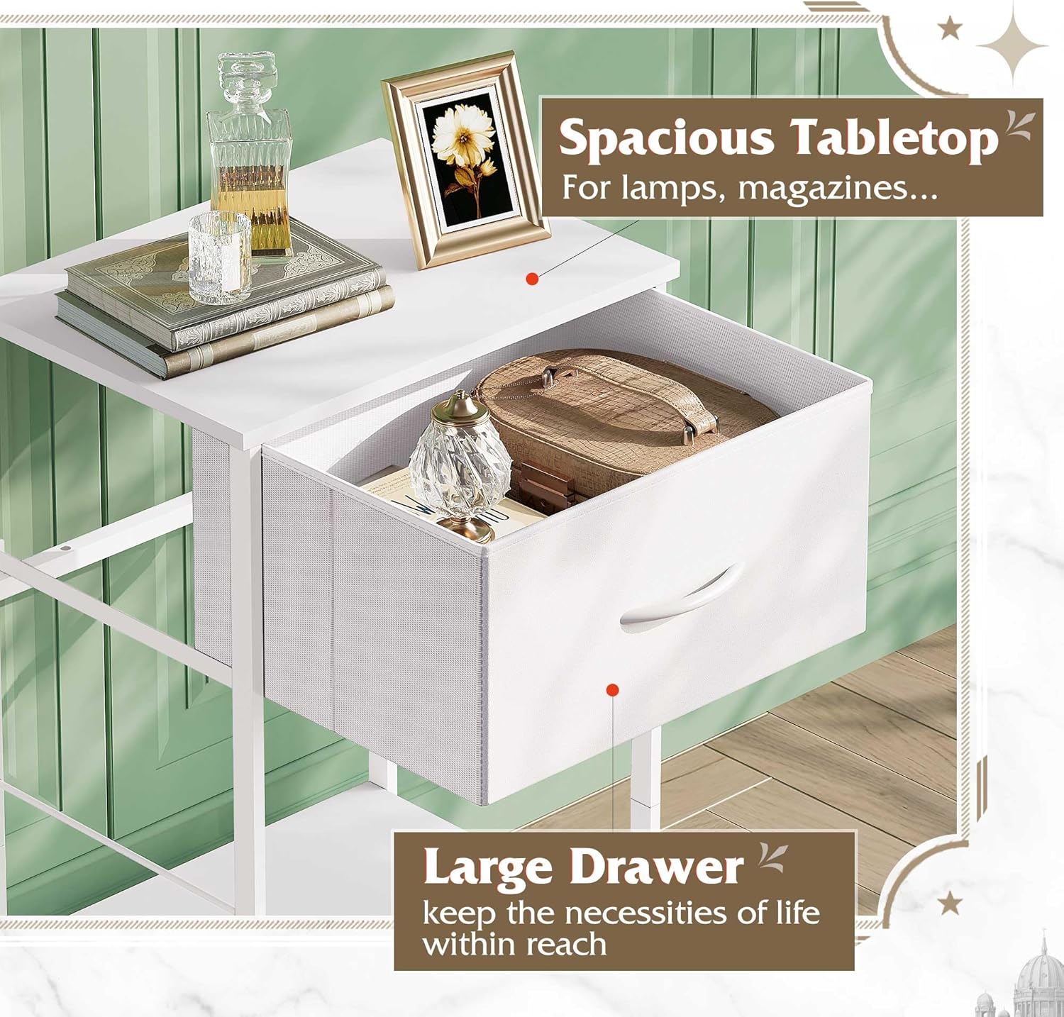 WLIVE Mesita de noche, mesa auxiliar con cajón de almacenamiento de tela y estante de madera abierto, muebles de noche con marco de acero, mesa