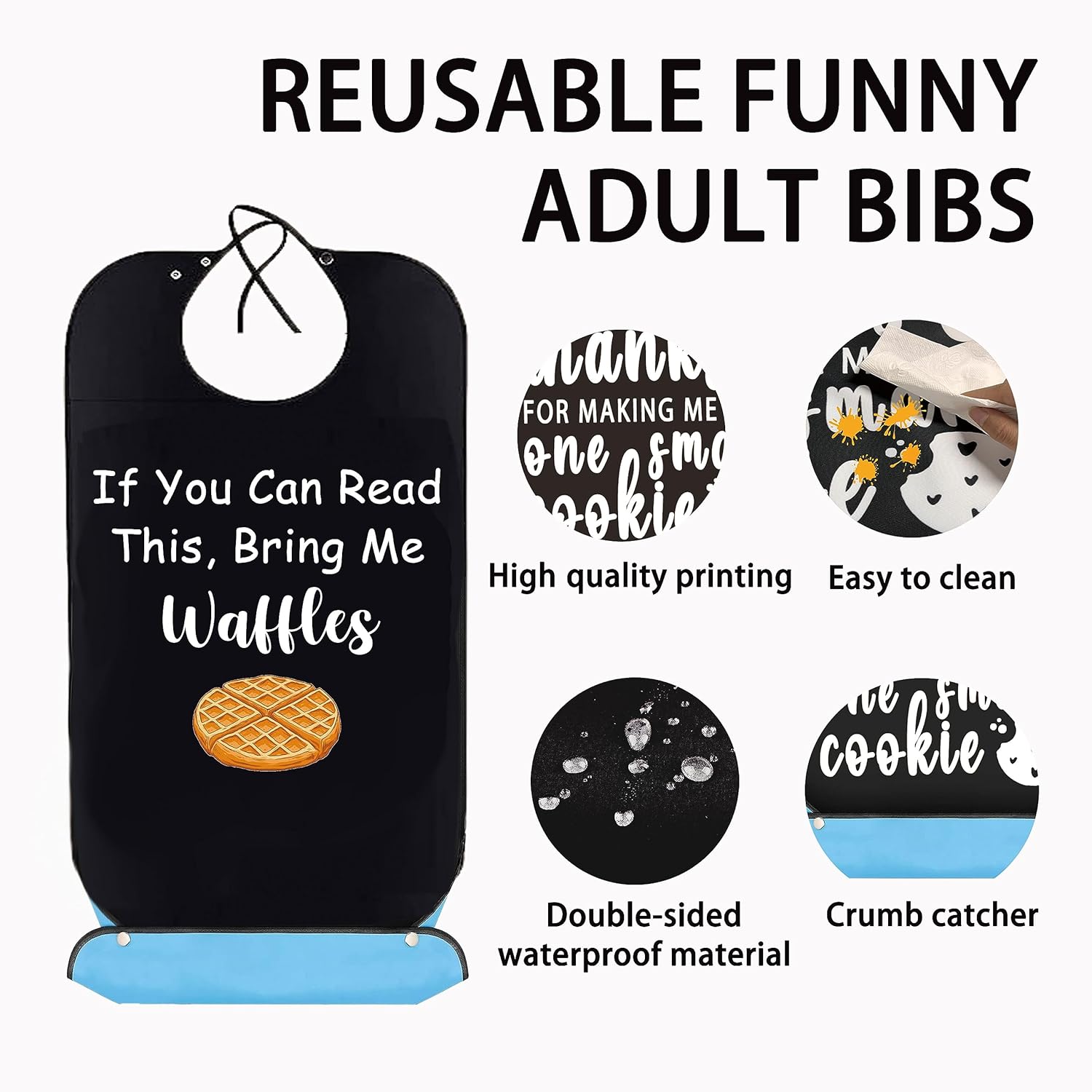 HOLLP Baberos reutilizables para adultos con atrapa migas, para amantes de los gofres, regalo para ancianos
