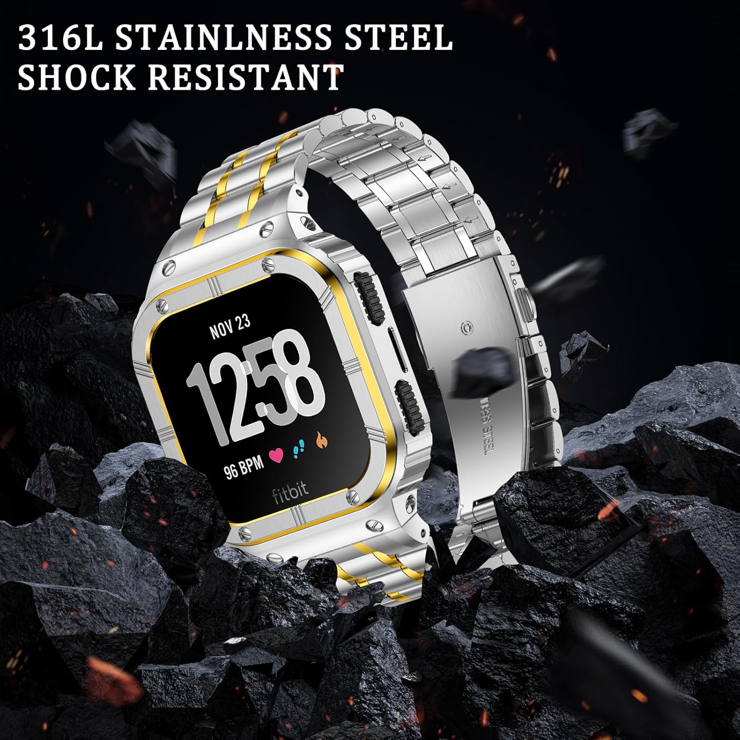 Correa de reloj de acero inoxidable con funda compatible con Fitbit Versa 4Versa 3Versa 2VersaFitbit Versa LiteFitbit Sense 2Sense Bands, pulseras