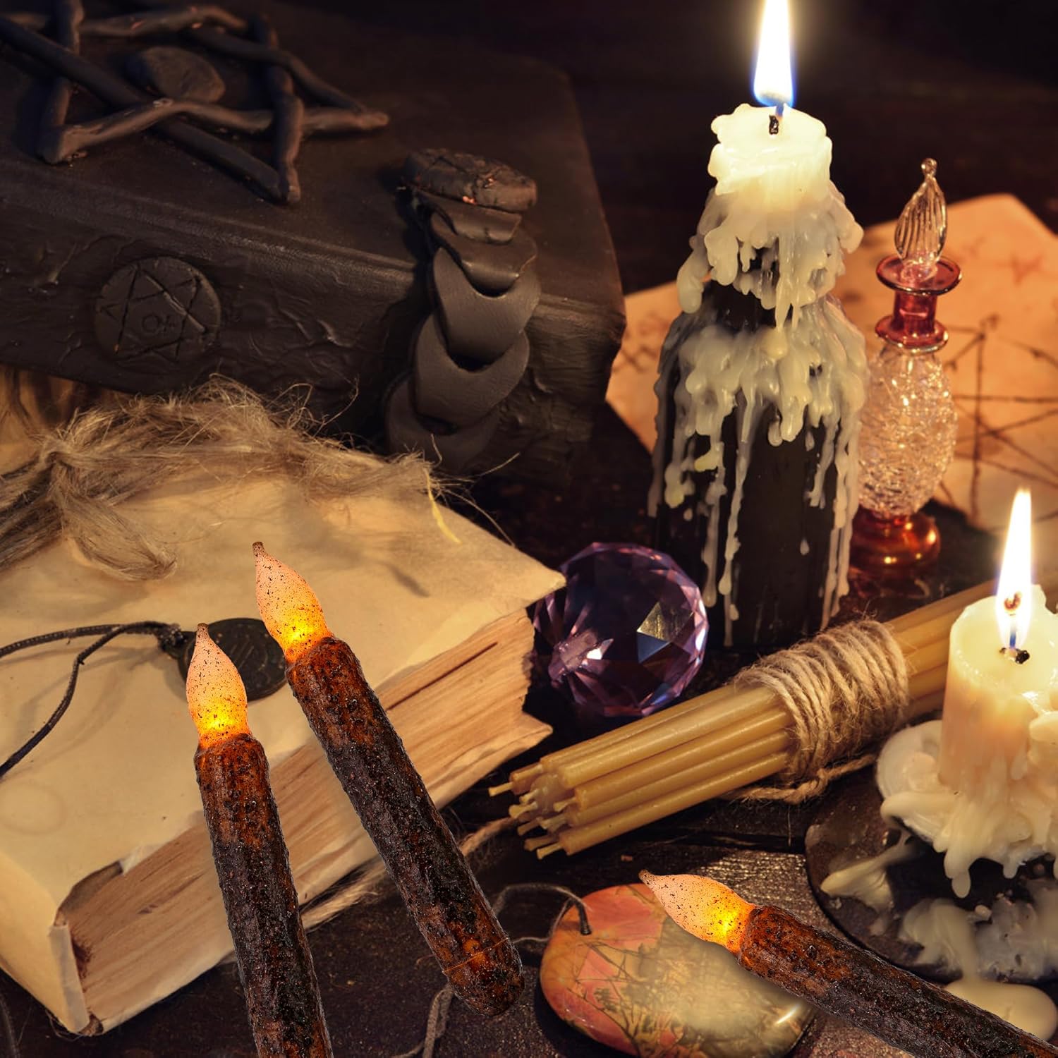 Lpraer Paquete de 6 velas cónicas de pilar de cera real, velas de goteo primitivas, sin llama, parpadeantes, luces LED sumergidas, funciona con