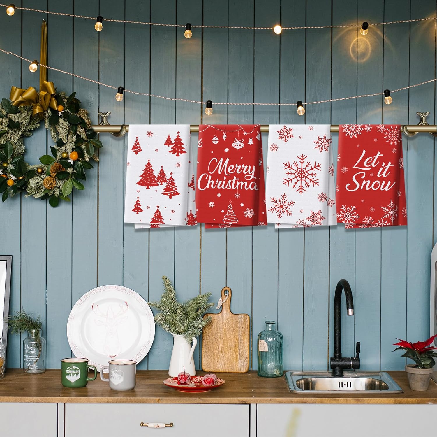 Boao 8 paños de cocina de Navidad decorativos con copos de nieve y campanas de árbol de Navidad, paños de cocina de 15 x 25 pulgadas, absorbentes de