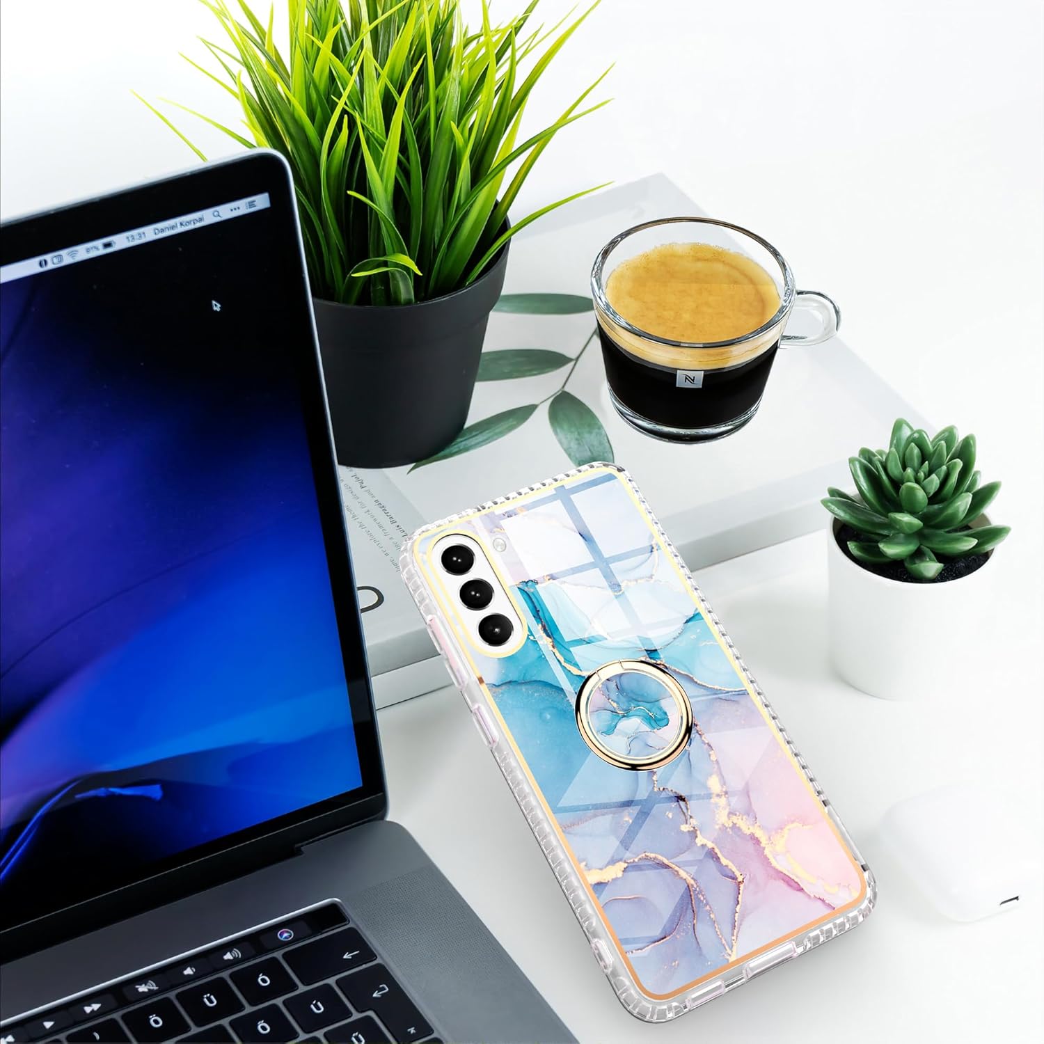 Asuwish Funda de teléfono para Samsung Galaxy S21 FE 5G con protector de pantalla y soporte para anillo de mármol, a prueba de golpes, silicona TPU,