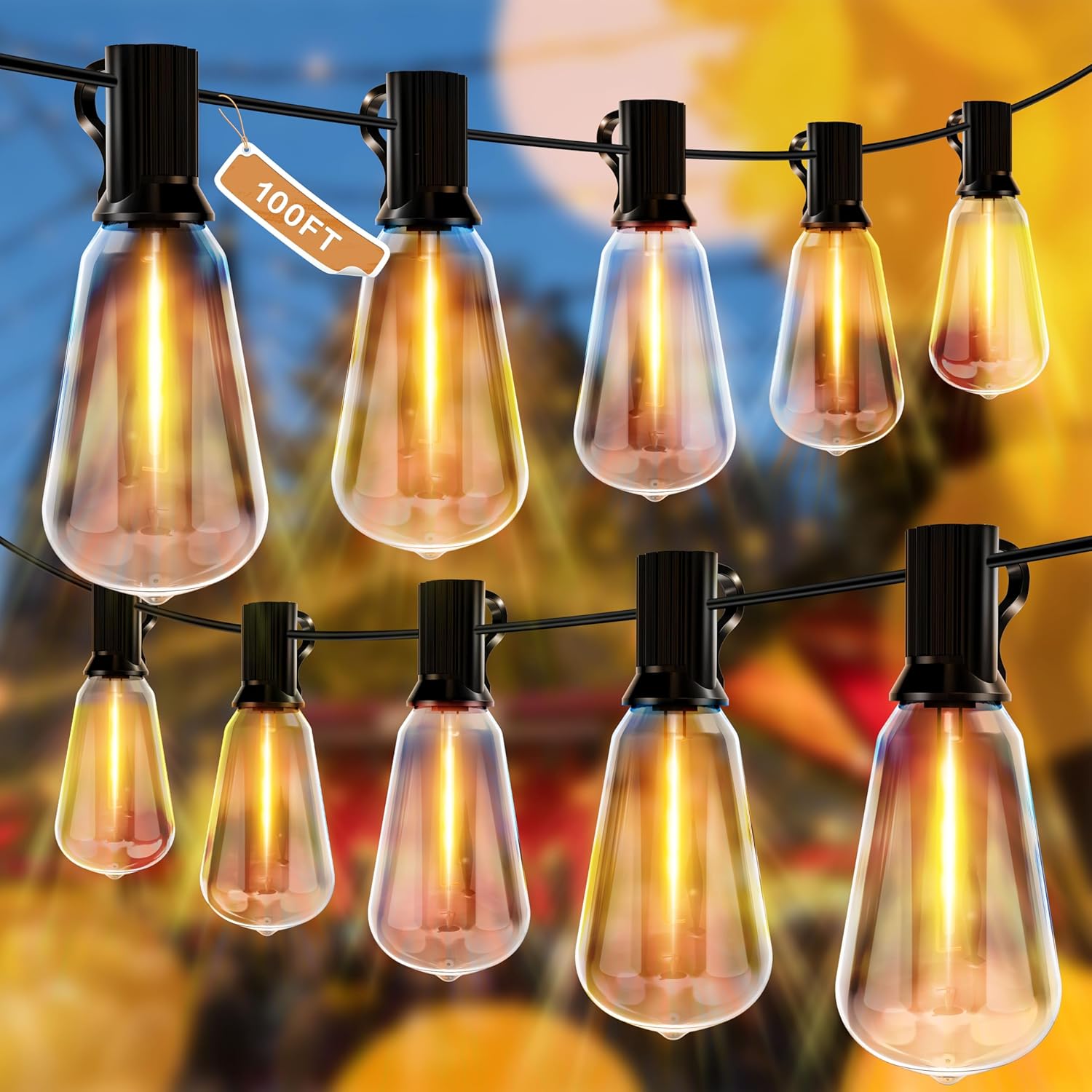 HslyT Tira de luces LED para exteriores de 100 pies con 52 bombillas Edison vintage inastillables ST38 regulables, impermeables, para exteriores,