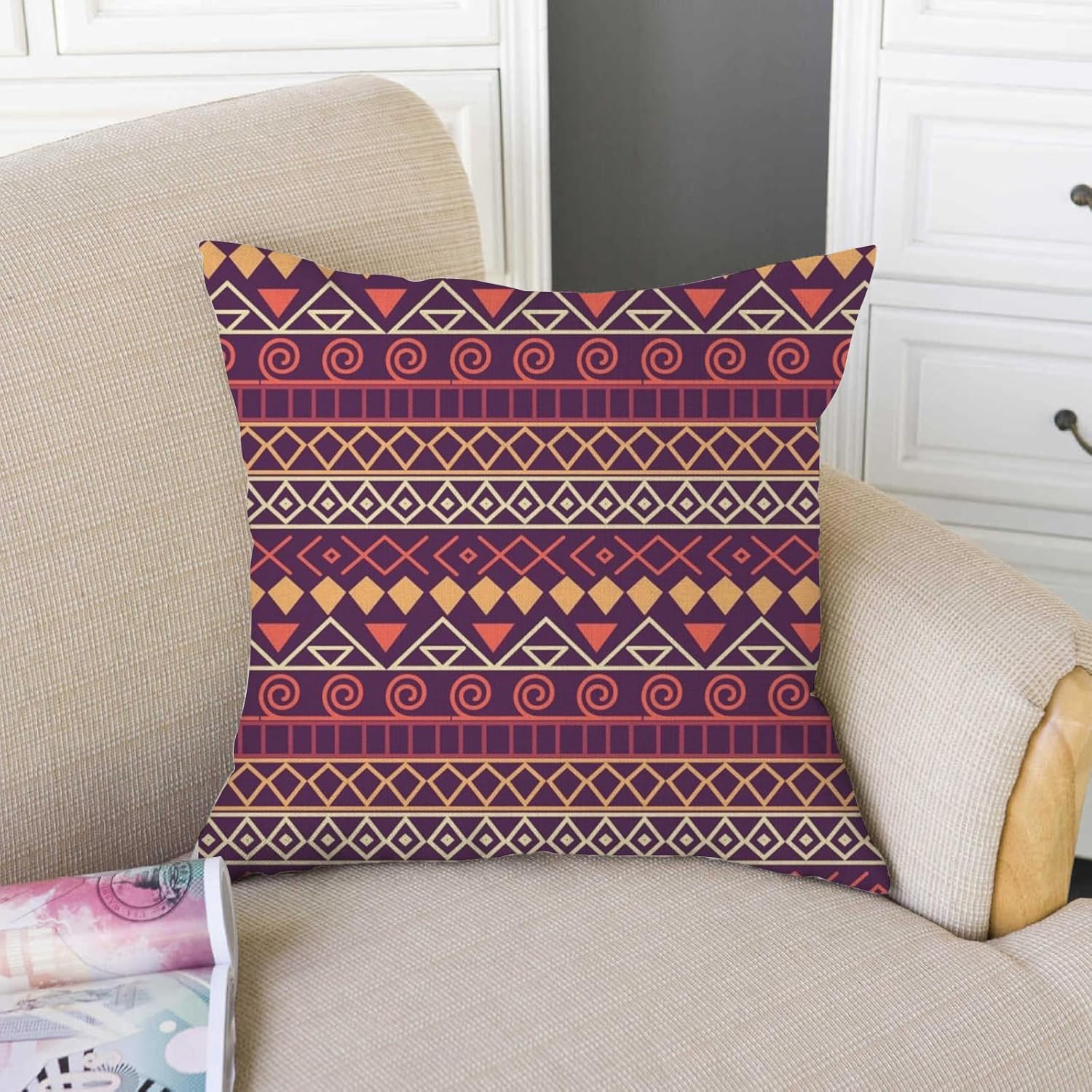 Juego de 2 fundas de almohada bohemias de 18 x 18 pulgadas, diseño étnico de lino, alfombra persa, decoración del hogar para sala de estar y