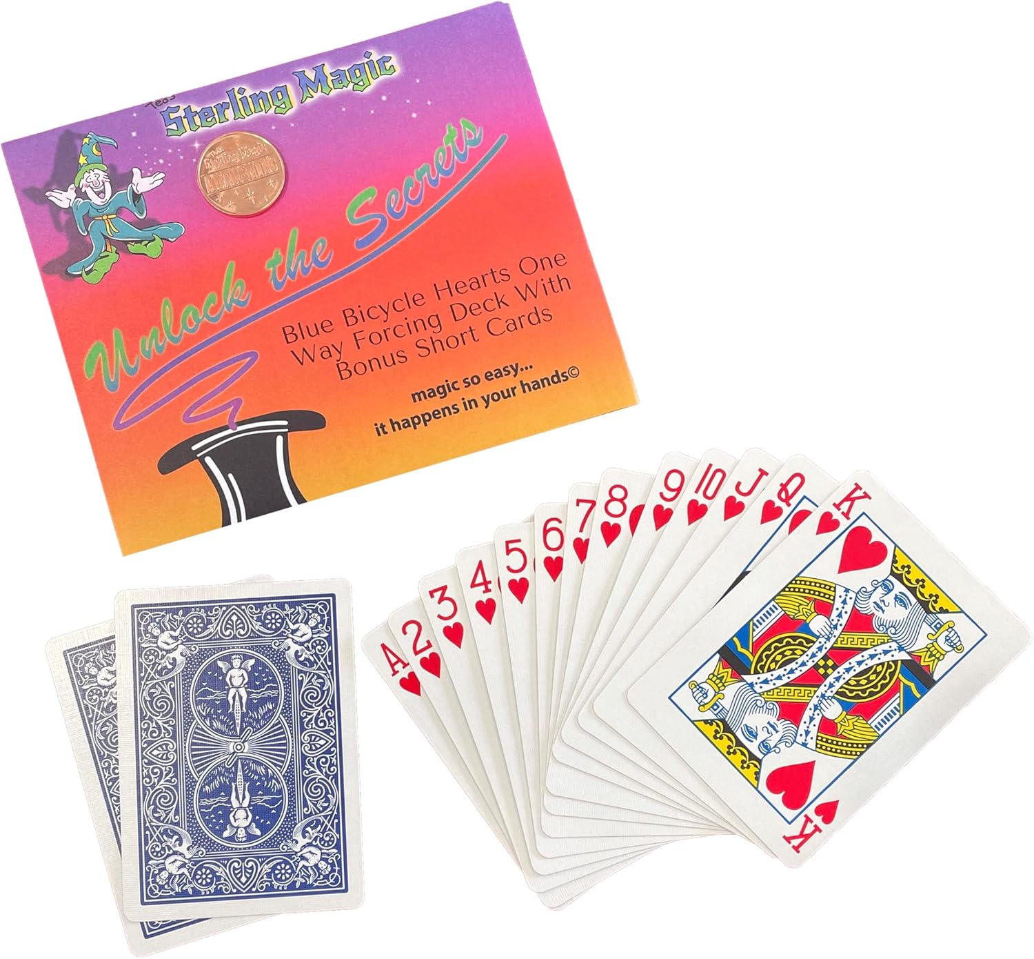 Ted’s Sterling Magic Kit de truco de bicicleta unidireccional con cartas cortas adicionales, corazones traseros azules (ocho)