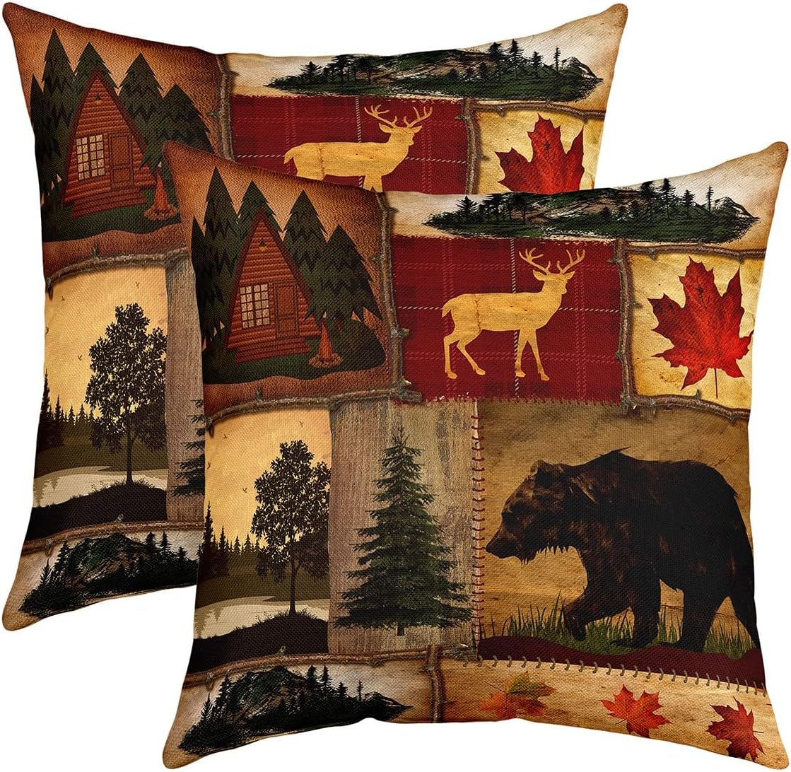 Juego de 2 fundas de almohada rústicas de 24 x 24 pulgadas, fundas de cojín retro de cabaña, fundas de almohada cuadradas decorativas de oso de