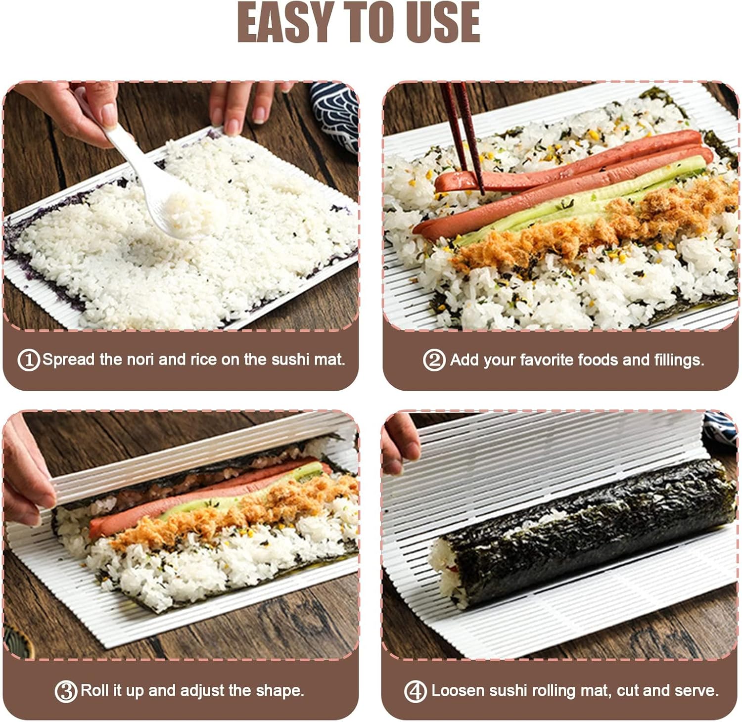4 alfombrillas de plástico antiadherentes para sushi, kit de fabricación de rodillos de sushi hecho en casa con paleta de arroz, tapete de cocina de