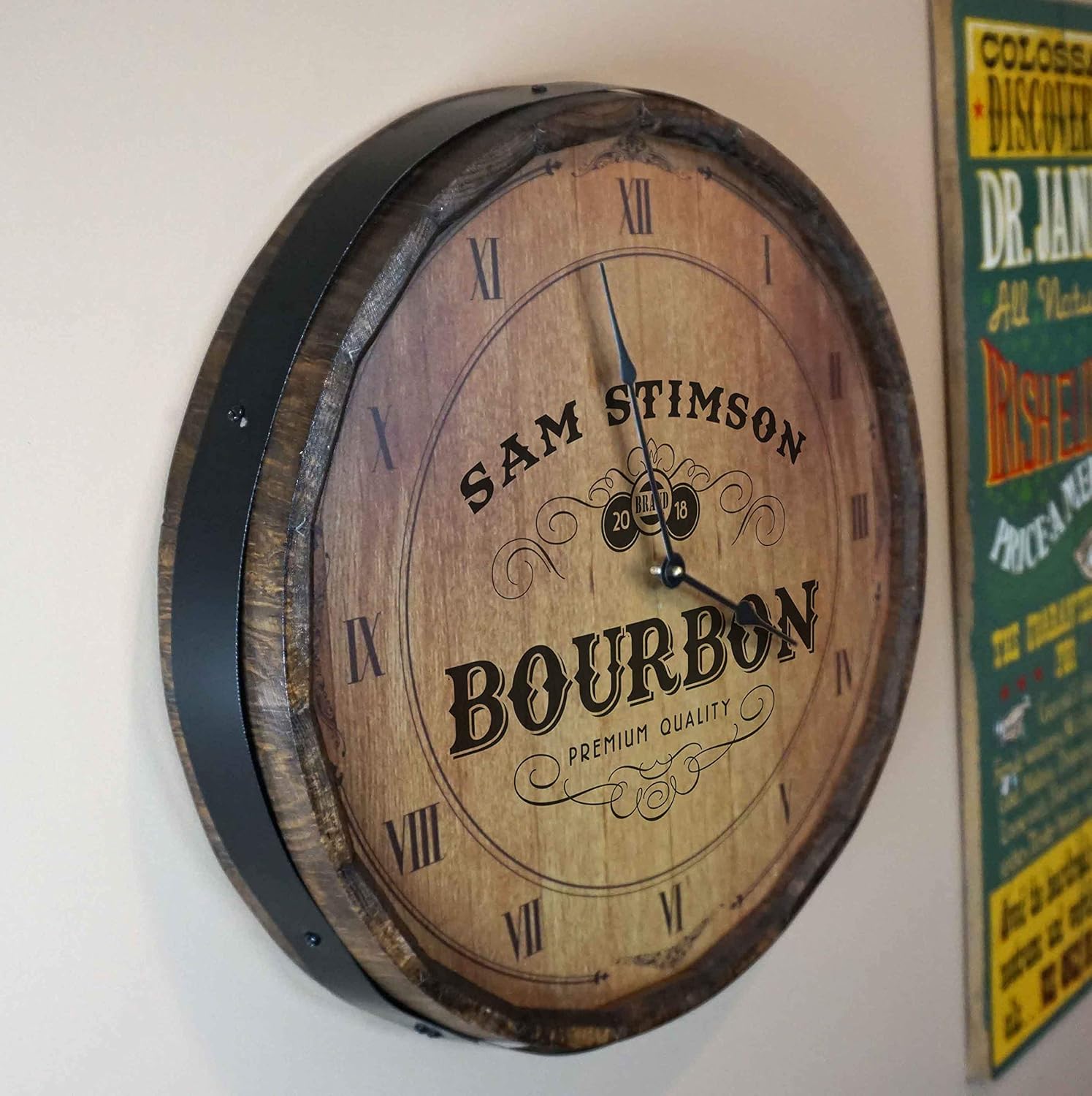 QBB580 – Reloj de pared decorativo grande personalizado con extremo de barril de bourbon (21 pulgadas) con motor de alto par, decoración de barra de
