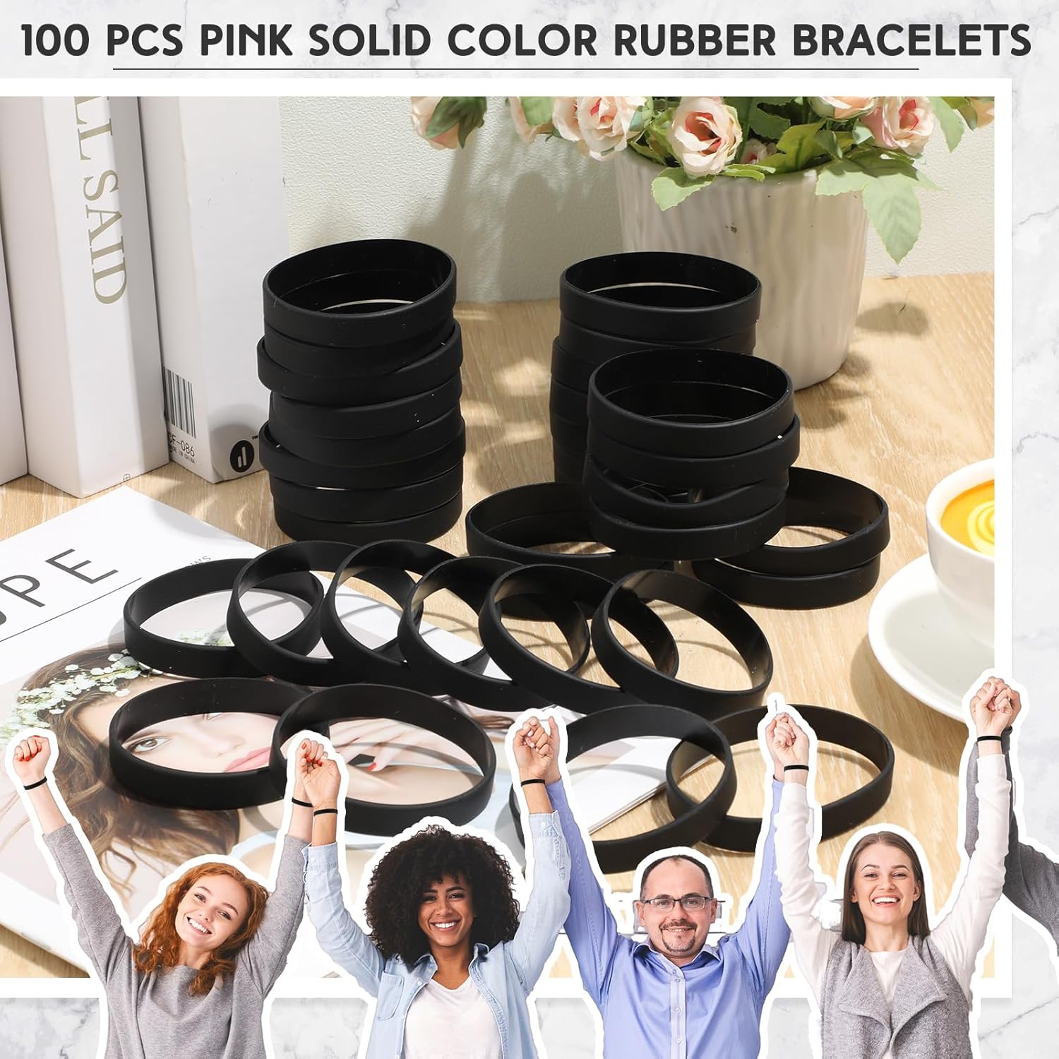 Liliful 100 pulseras de goma de silicona lisas, pulseras de goma de color sólido, bandas de goma en blanco para pulseras de silicona elásticas para