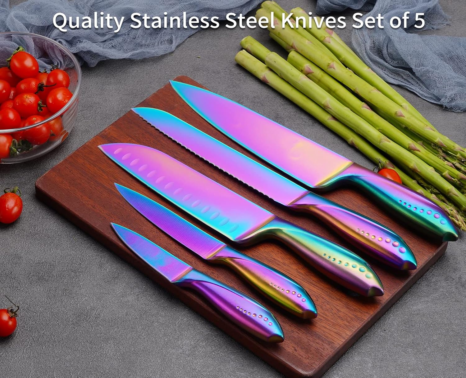 Hollory Rainbow – Juego de cuchillos de cocina de 5 piezas, hoja de acero inoxidable alemán súper afilada con chef de 8 pulgadas, pan de 8 pulgadas,
