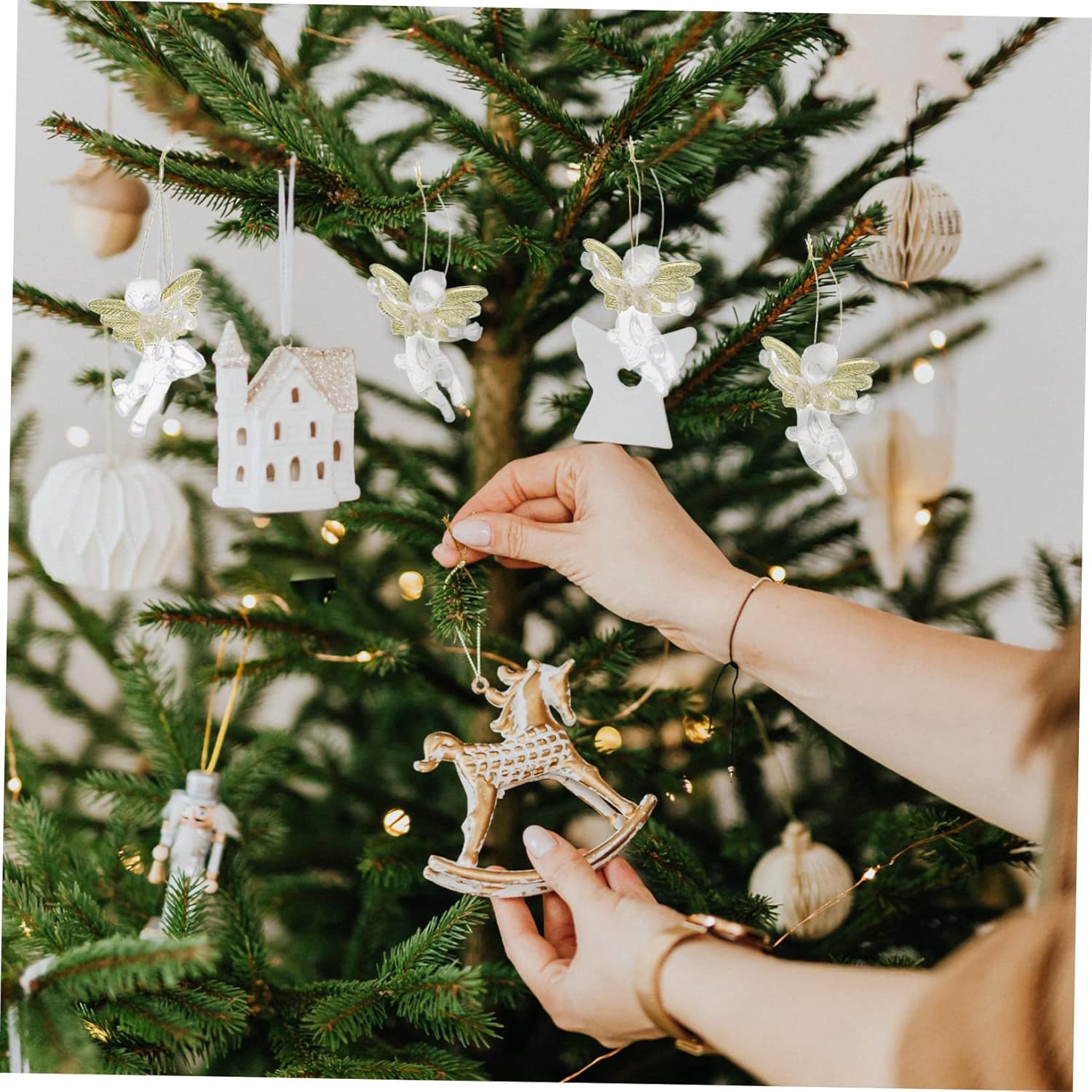 ABOOFAN 60 piezas de colgantes de ángel transparentes para árbol de Navidad, adornos de ángel, adornos de árbol de Navidad, adornos de árbol de