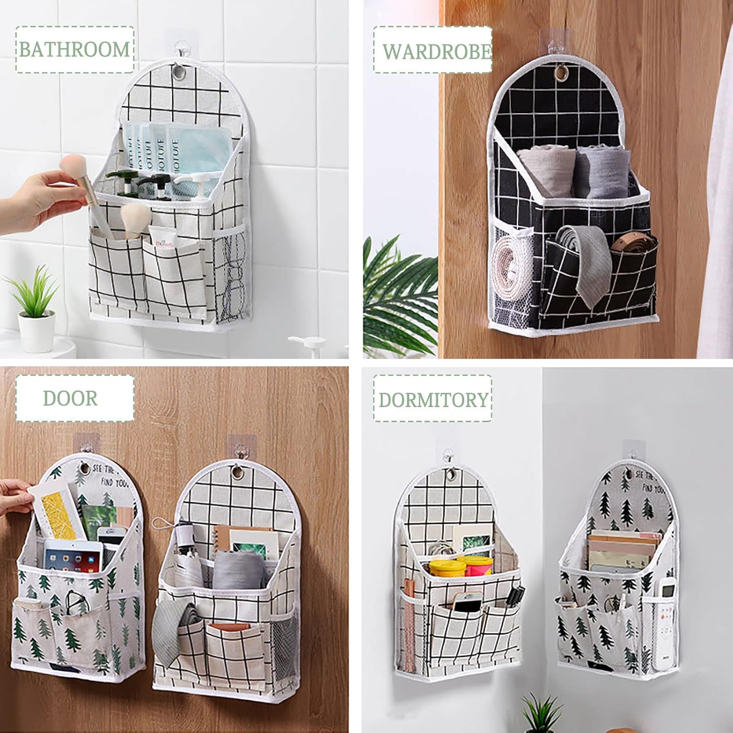 FuninCrea Bolsa de almacenamiento para colgar en la pared, organizador de lino a cuadros blanco y negro, para montar en la pared, sin perforaciones,