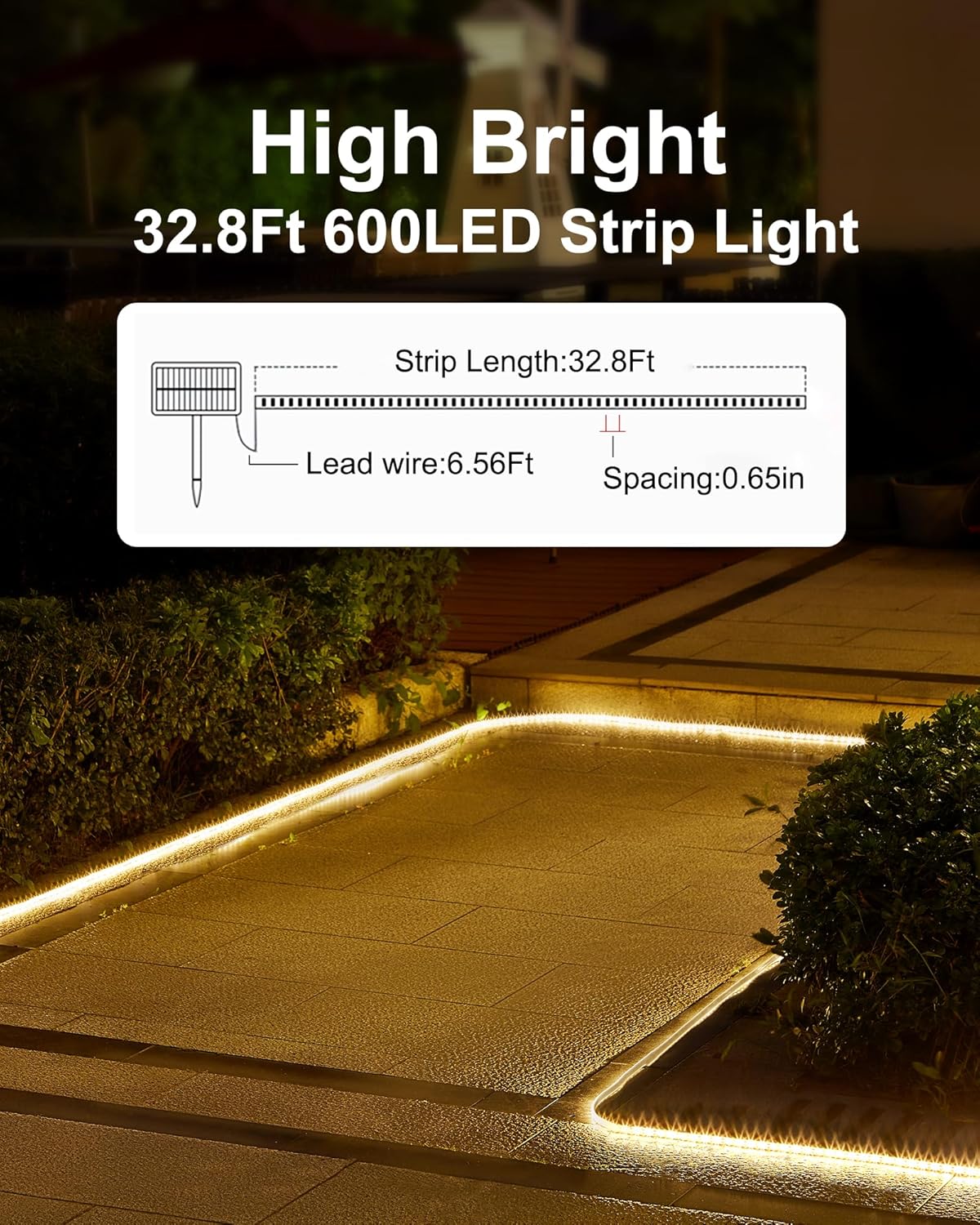 LUHLEE Tira de luces LED solares para exteriores, 600 luces LED más brillantes de 32.8 pies para exteriores con control remoto, 8 modos de