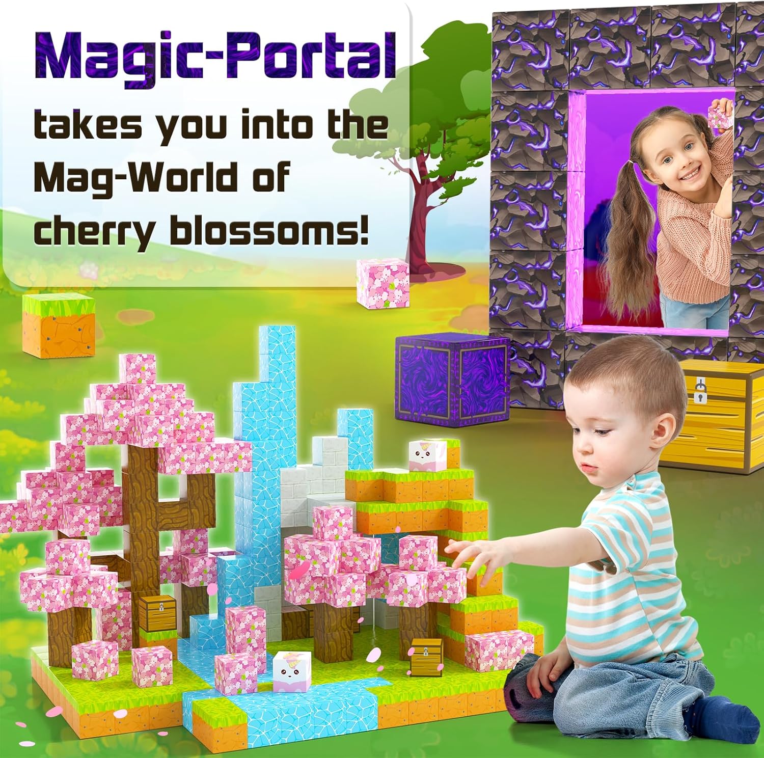 Bloques magnéticos – Juego de bloques magnéticos de construcción de minas con diseño de cerezo, azulejos magnéticos, juguetes STEM para niños y