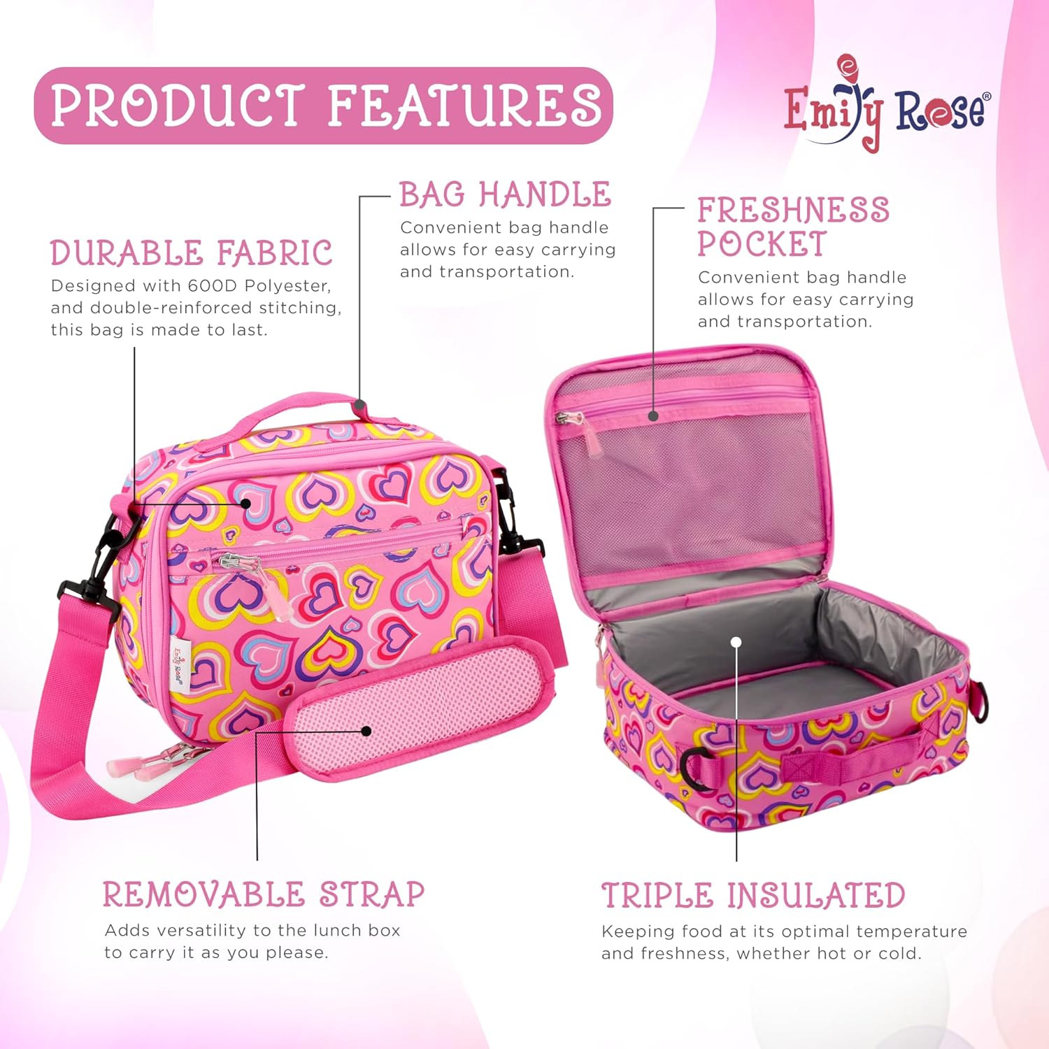 Emily Rose Lonchera térmica para niñas, lonchera reutilizable para guardería, escuela primaria y viajes, perfecta para comidas calientes y frías,