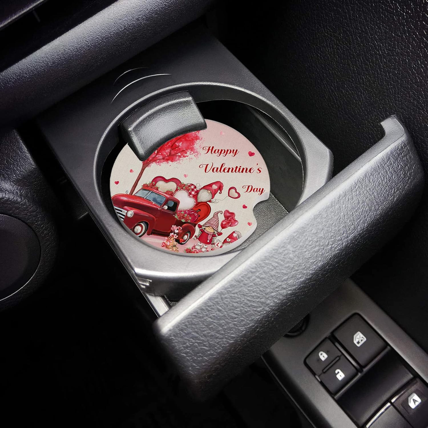2 Packs Car Cup Holder Coaster, Happy Valentine’s Day Rose Gnomes Heart Shape Tree Red Truck Universal Fashion Car Cup Holders for Women Men