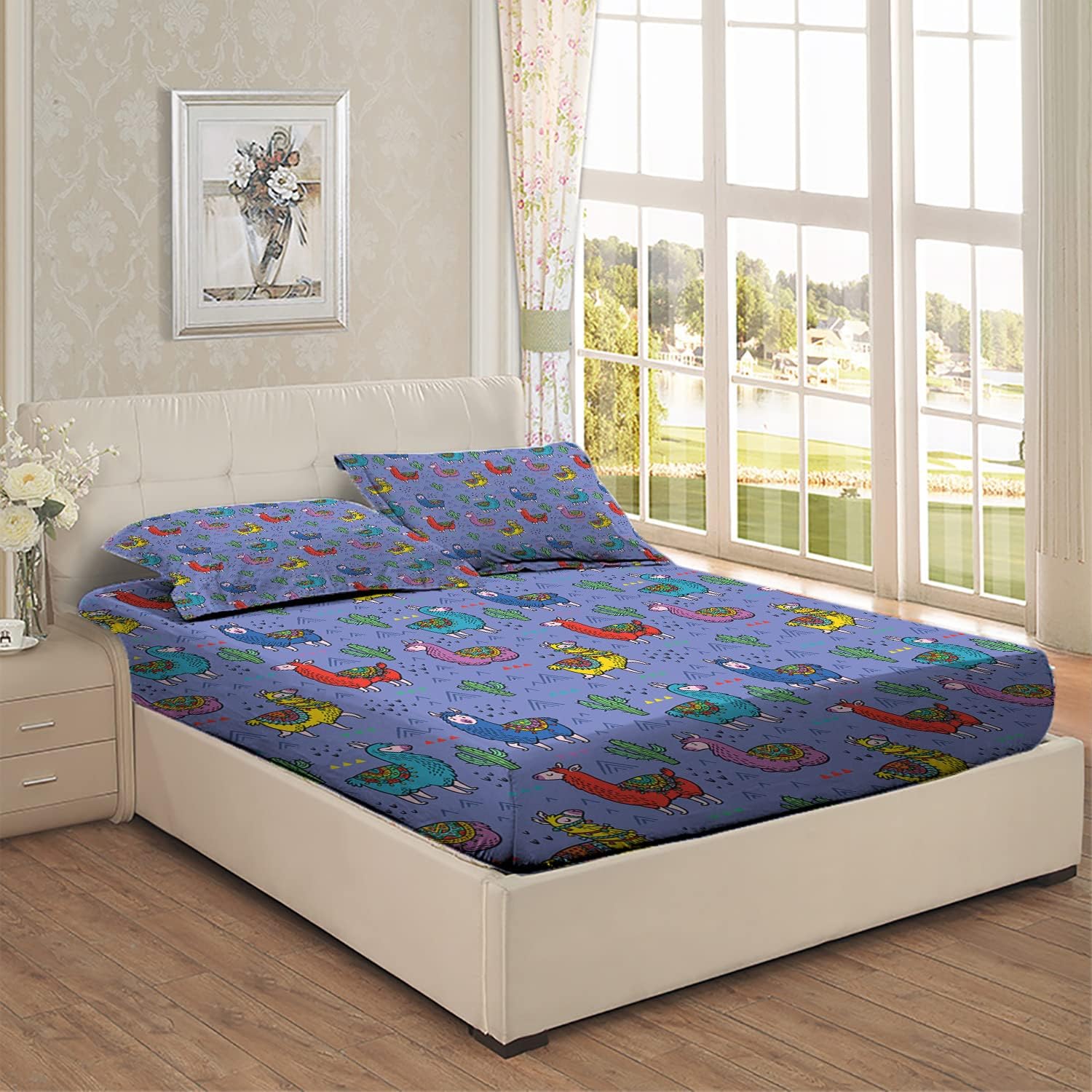 Juego de sábanas bajeras de almohada con temática de llama, patrón de triángulos de animales de dibujos animados, juego de ropa de cama decorativo