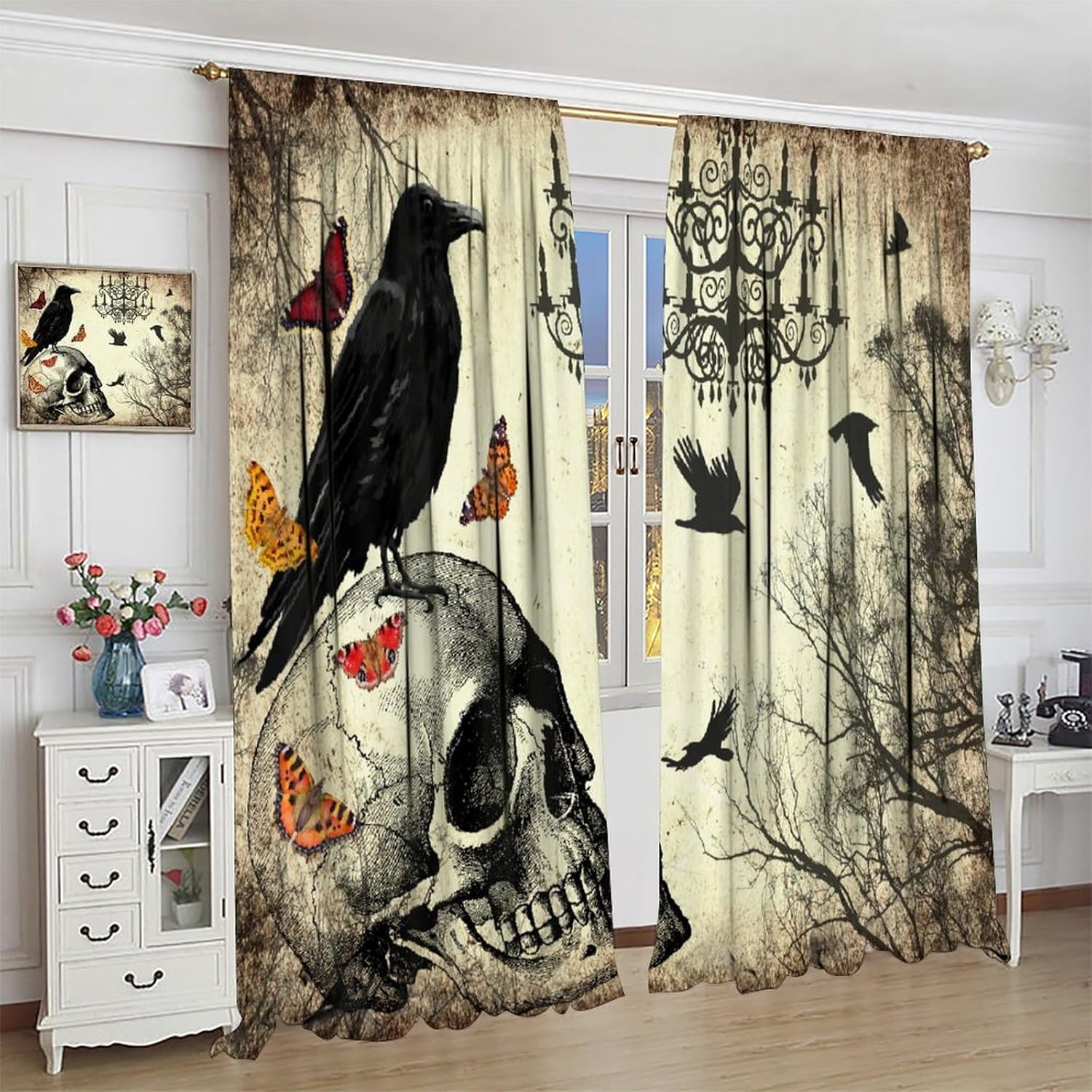JanJCurt Cortinas de calavera de Halloween, periódico vintage, bosque brumoso, gótico, aterrador, estampado de cuervo negro, aislamiento térmico,