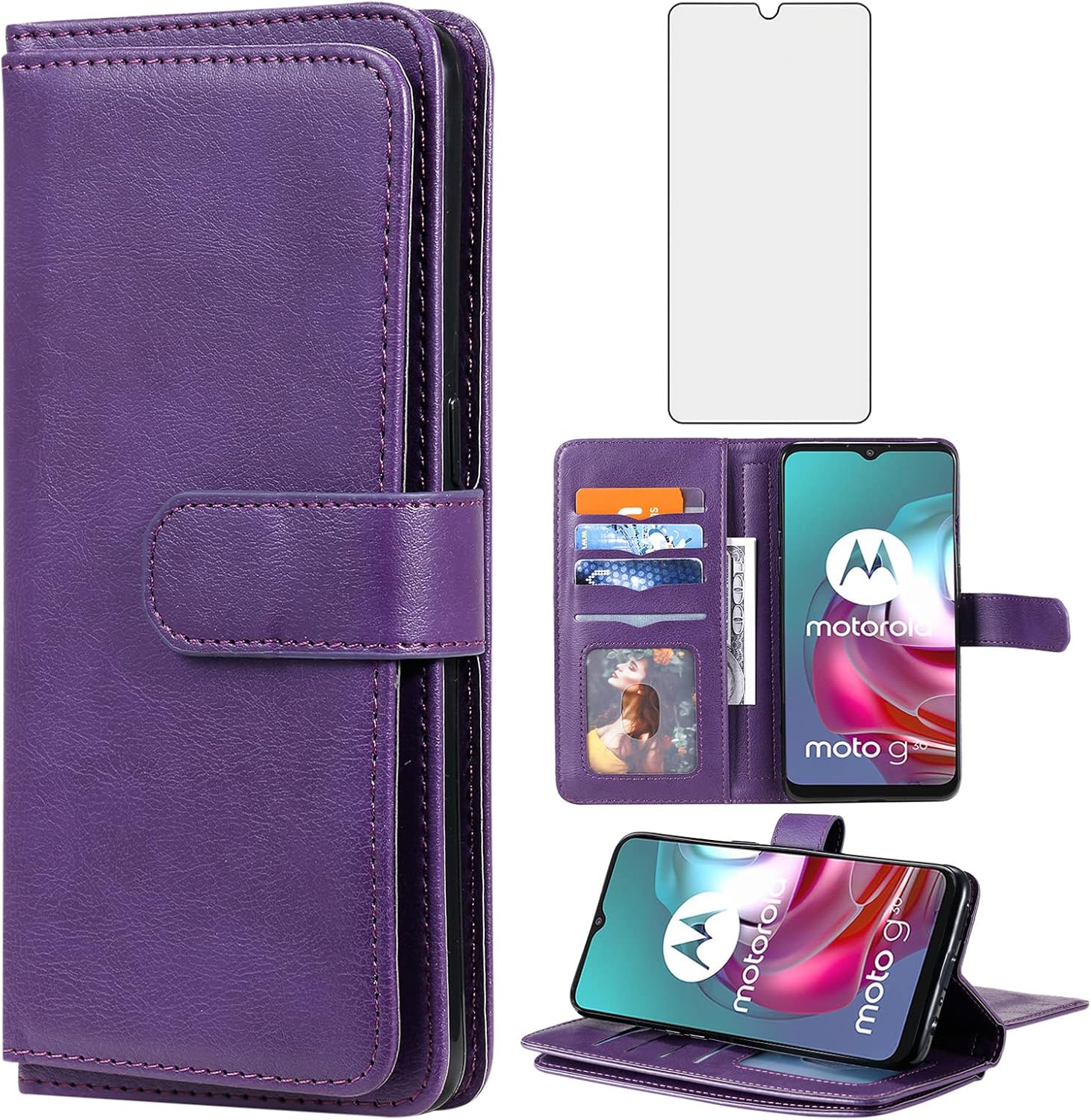 Compatible con Moto G30G20G1010 Power 2021 – Funda tipo cartera para teléfono y protector de pantalla de vidrio templado con tapa para MotoG30,