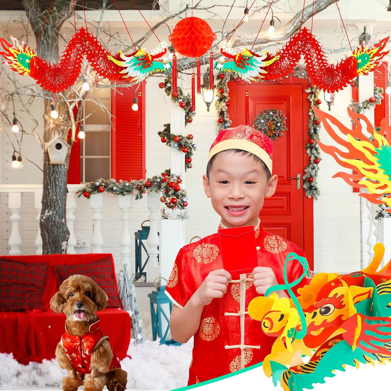 Zonon 2 piezas de dragón de papel de año nuevo chino 3D de 39 pulgadas, guirnalda de dragón, decoración para colgar, adornos de fiesta de Año Nuevo