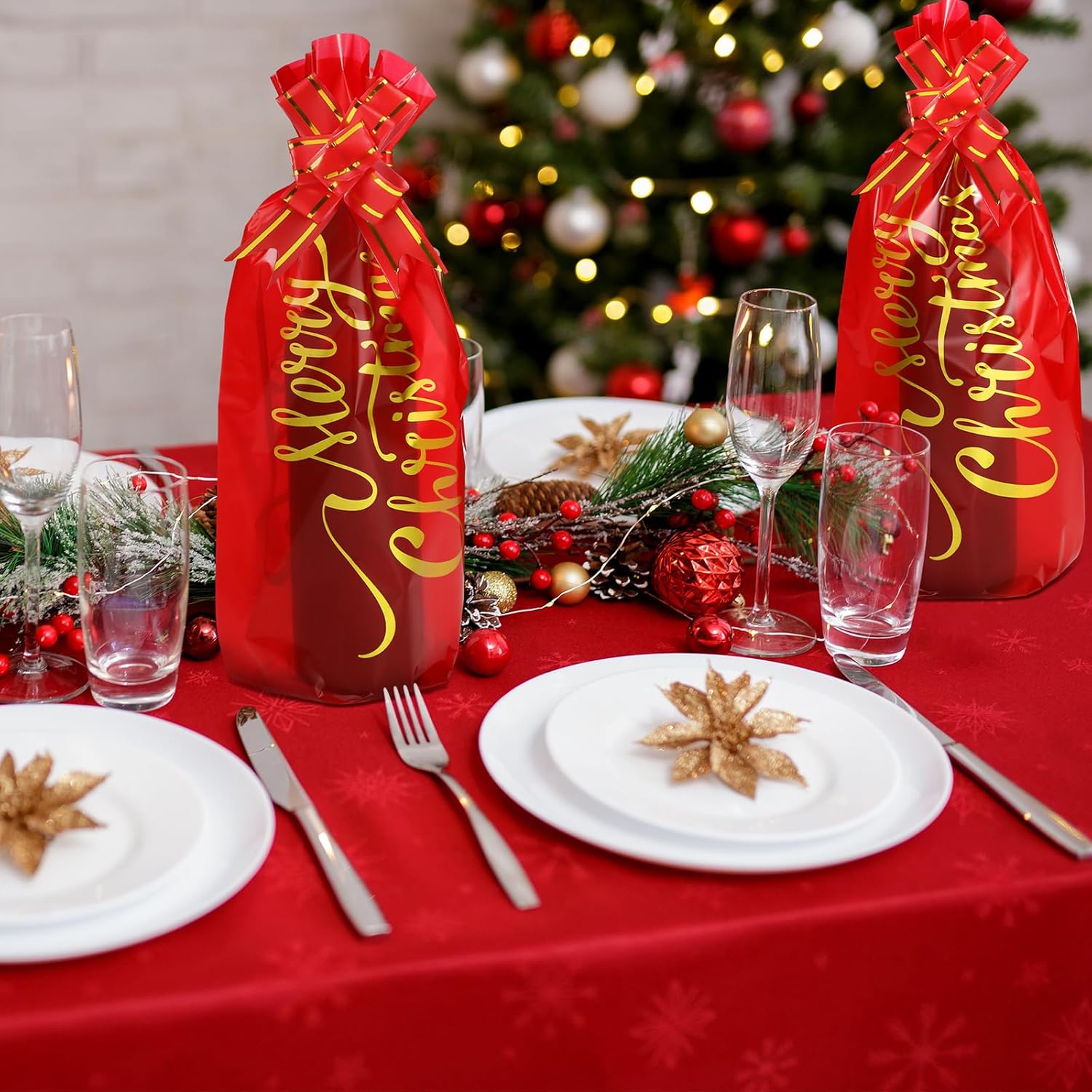 Teling 100 bolsas de regalo para botella de vino de Navidad, bolsa de celofán, funda roja para bolsa de vino de Feliz Navidad, incluye 50 bolsas de