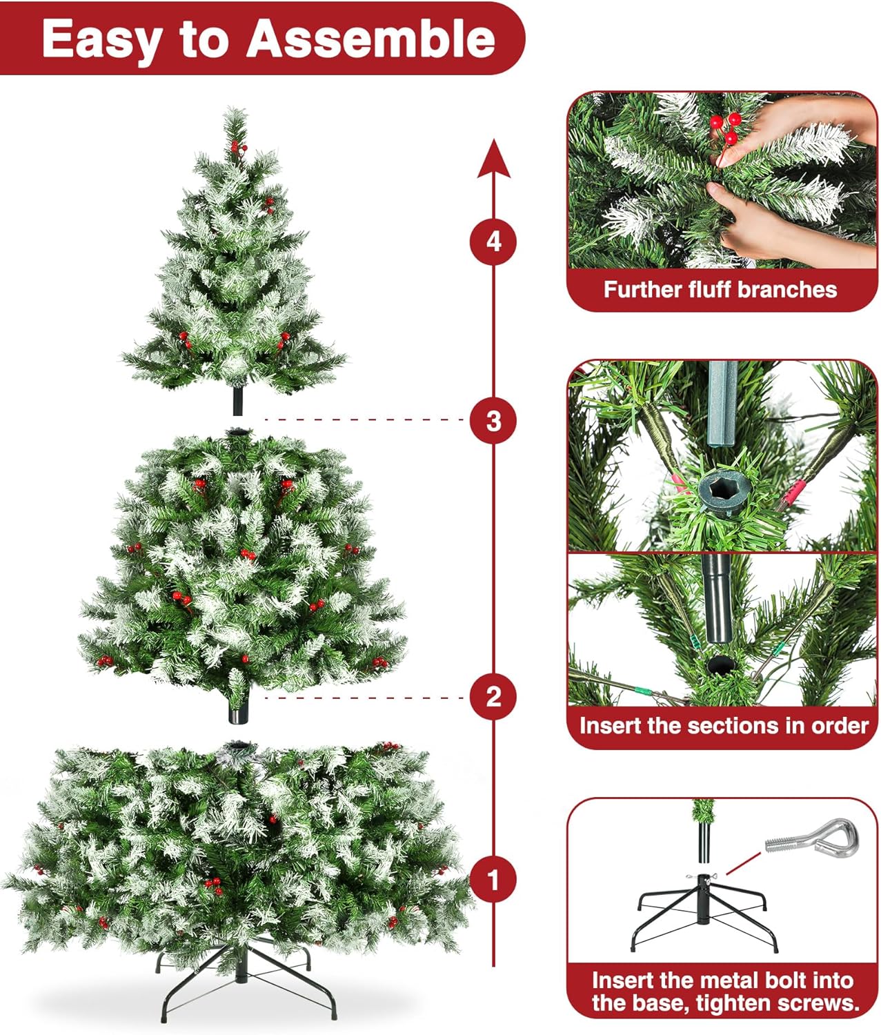 Árbol de Navidad artificial preiluminado de 6 pies, pinos de Navidad con 250 luces blancas cálidas, 818 puntas de rama, 58 bayas, bolsa de