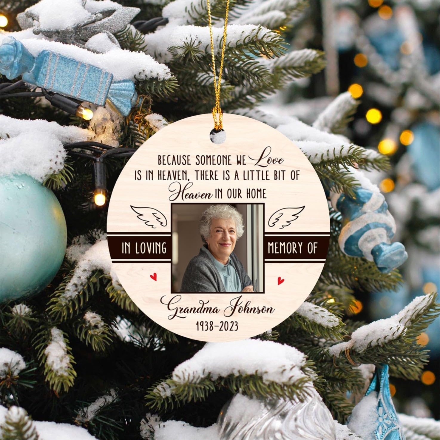Adorno de Navidad con texto en inglés “There is A Little Bit of Heaven in Our Home”, en memoria amorosa de la foto, abuela, abuelo, adorno