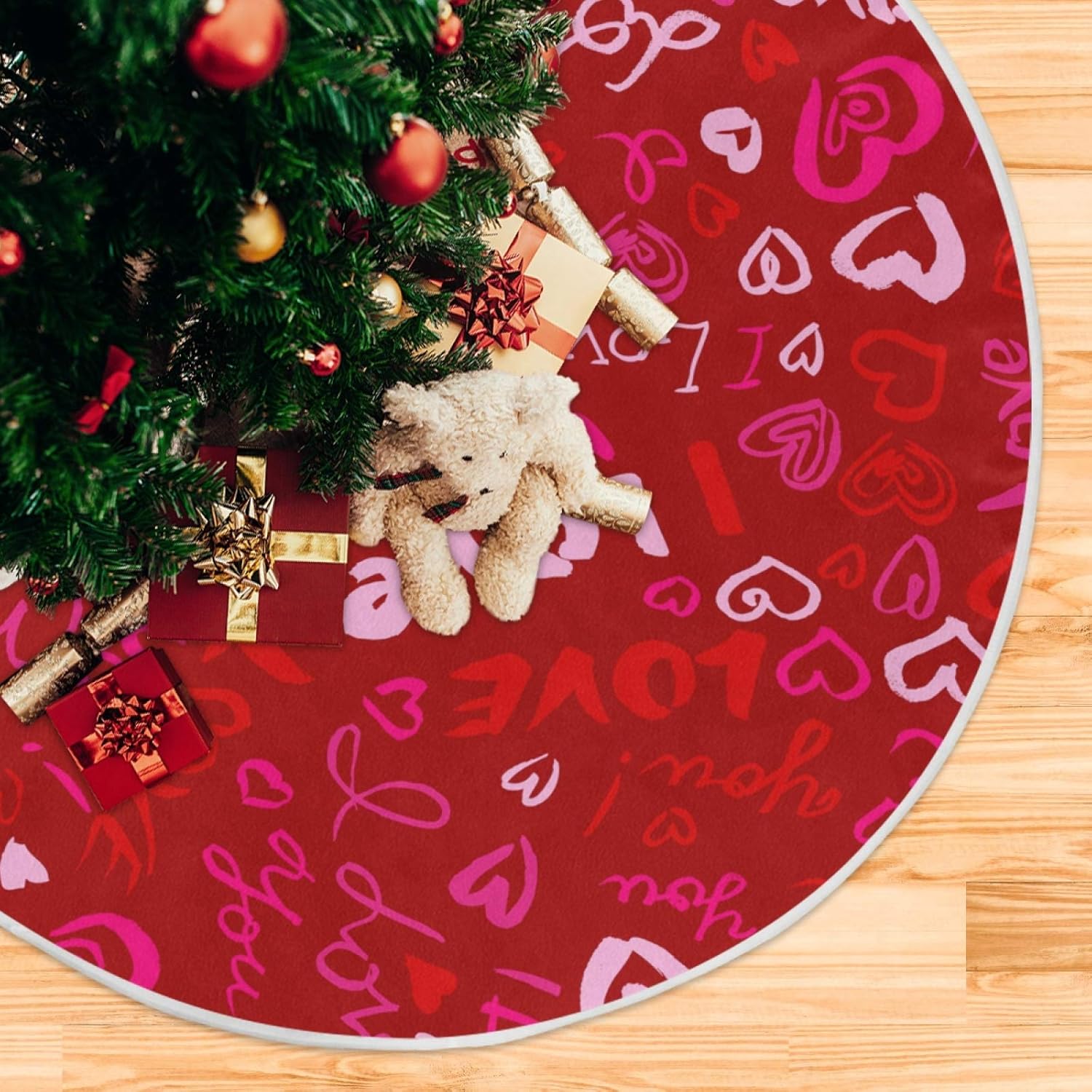 Qilmy Falda de árbol de Navidad con corazón de amor para el día de San Valentín, falda de árbol fina de doble capa para artesanía de Navidad para