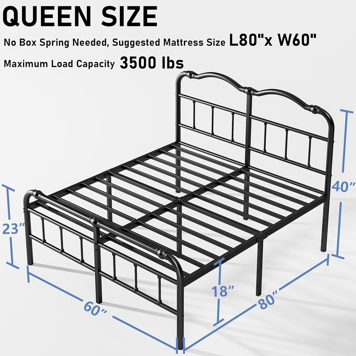 Base de cama tamaño Queen con cabecero, 18 pulgadas de alto, marco de cama de plataforma de metal resistente, sin ruido, fácil montaje, no necesita
