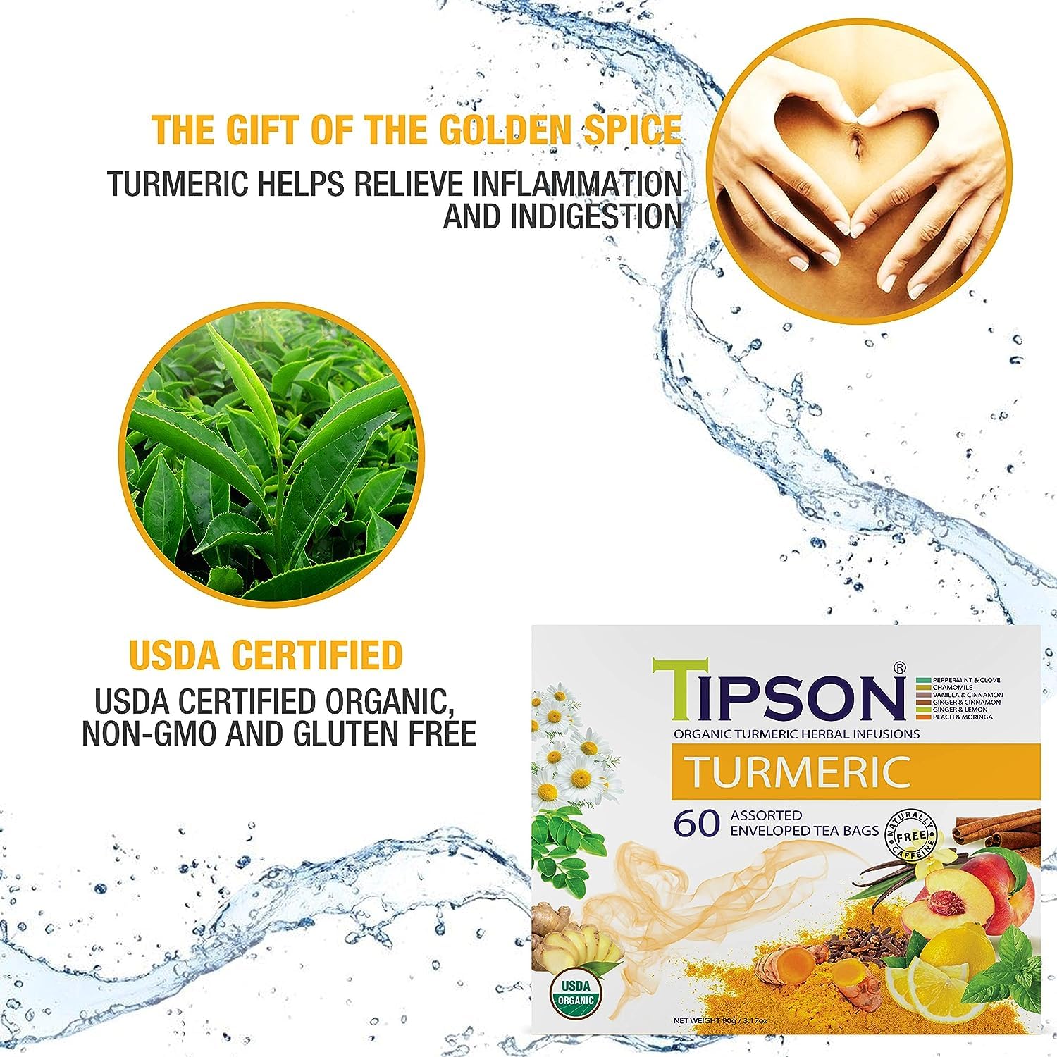 Tipson Té de hierbas de cúrcuma orgánica, 6 sabores surtidos, 60 bolsas de doble cámara con envoltura de aluminio, superalimento antioxidante, sin