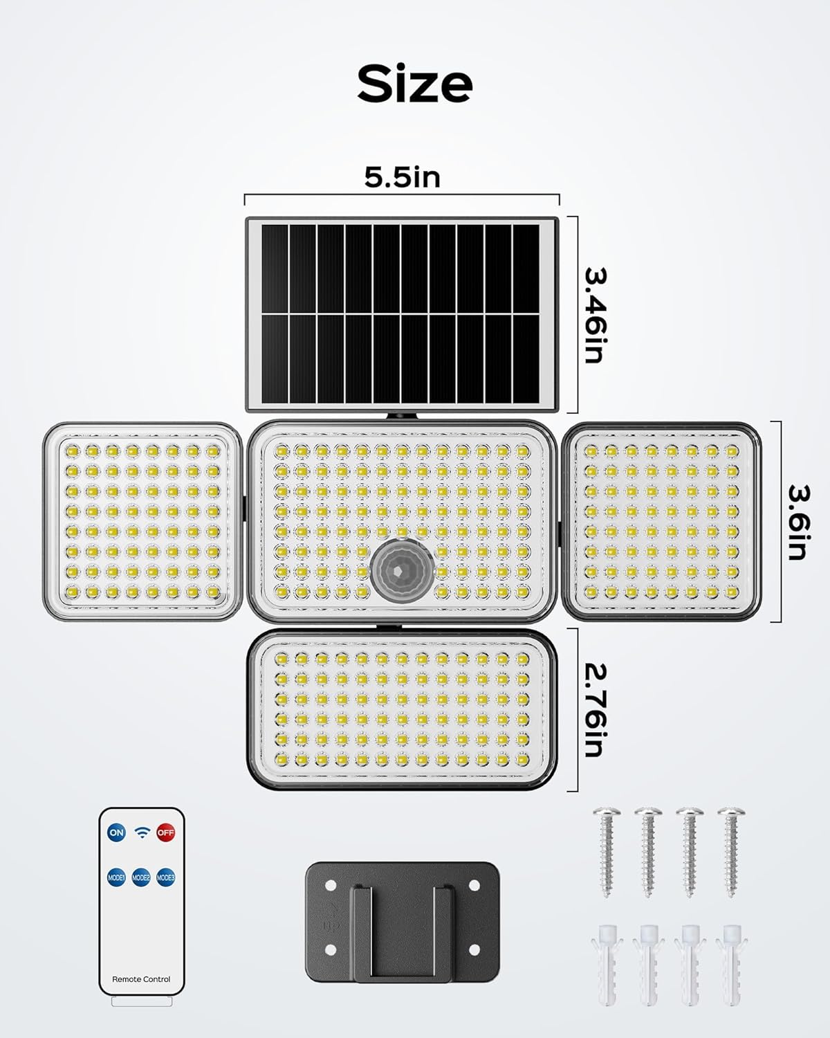JACKYLED Luces solares para exteriores, luces solares con sensor de movimiento de 2500 lúmenes, 304 LED, 4 cabezales, luces solares para exteriores
