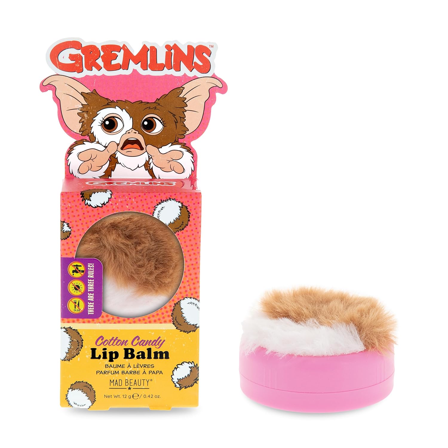 Mad Beauty Warner Brothers Gremlins – Bálsamo labial, aroma de algodón de azúcar, funda de labios peluda, hidrata, suaviza, hidrata, perfumada,