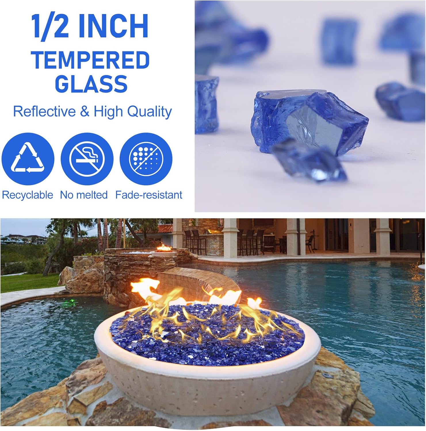 Vidrio ignífugo de 20 libras para hoguera, rocas de vidrio reflectante de 12 pulgada para chimenea de propano y gas, vidrio azul con piedra de