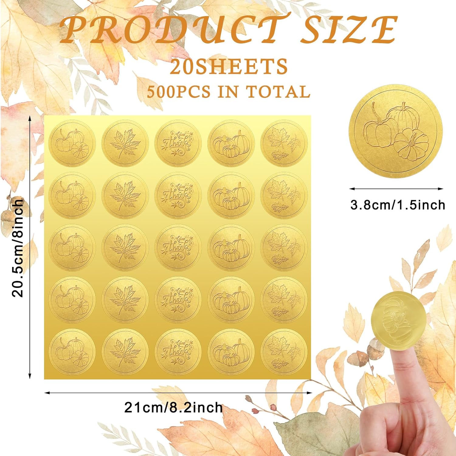 AnyDesign 500 unidades de sellos en relieve dorados de otoño autoadhesivos para dar gracias, hojas de arce, calcomanías de papel de aluminio con