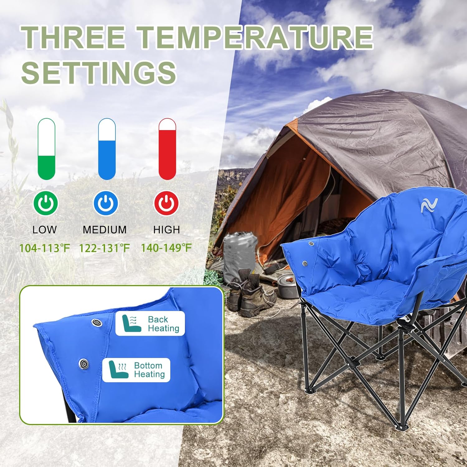 Slsy Silla de campamento con calefacción de gran tamaño que calienta el respaldo y el asiento, silla de campamento portátil con 3 niveles de calor,